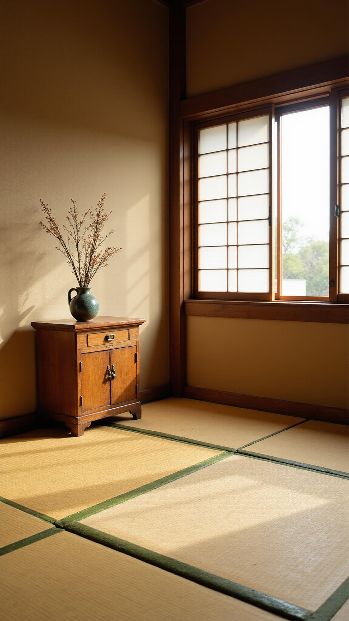 Low-angle view of a traditional 10x12ft tea room with worn tatami mats, aged wooden cabinet, flower in crackle-glazed vase, and mud-plastered walls lit by soft afternoon light through paper screens.