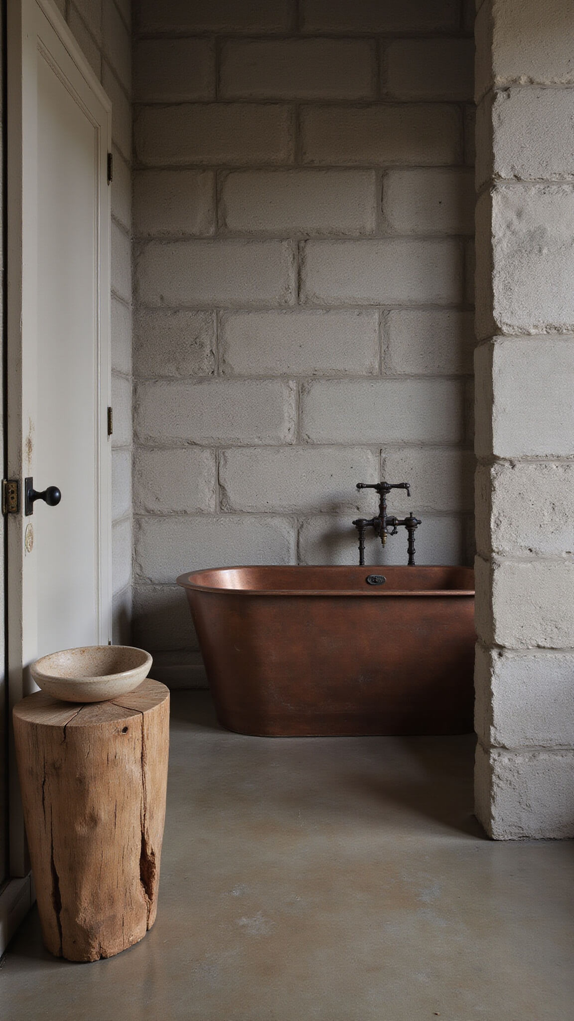 Wide-angle view of a 14x16ft twilight bathroom with polished concrete floor, rough stone wall, patinated copper tub, ceramic sink with crazing, and weathered stool holding minimalist decor; cool grey, copper, and stone tones highlight material contrasts and aged texture.