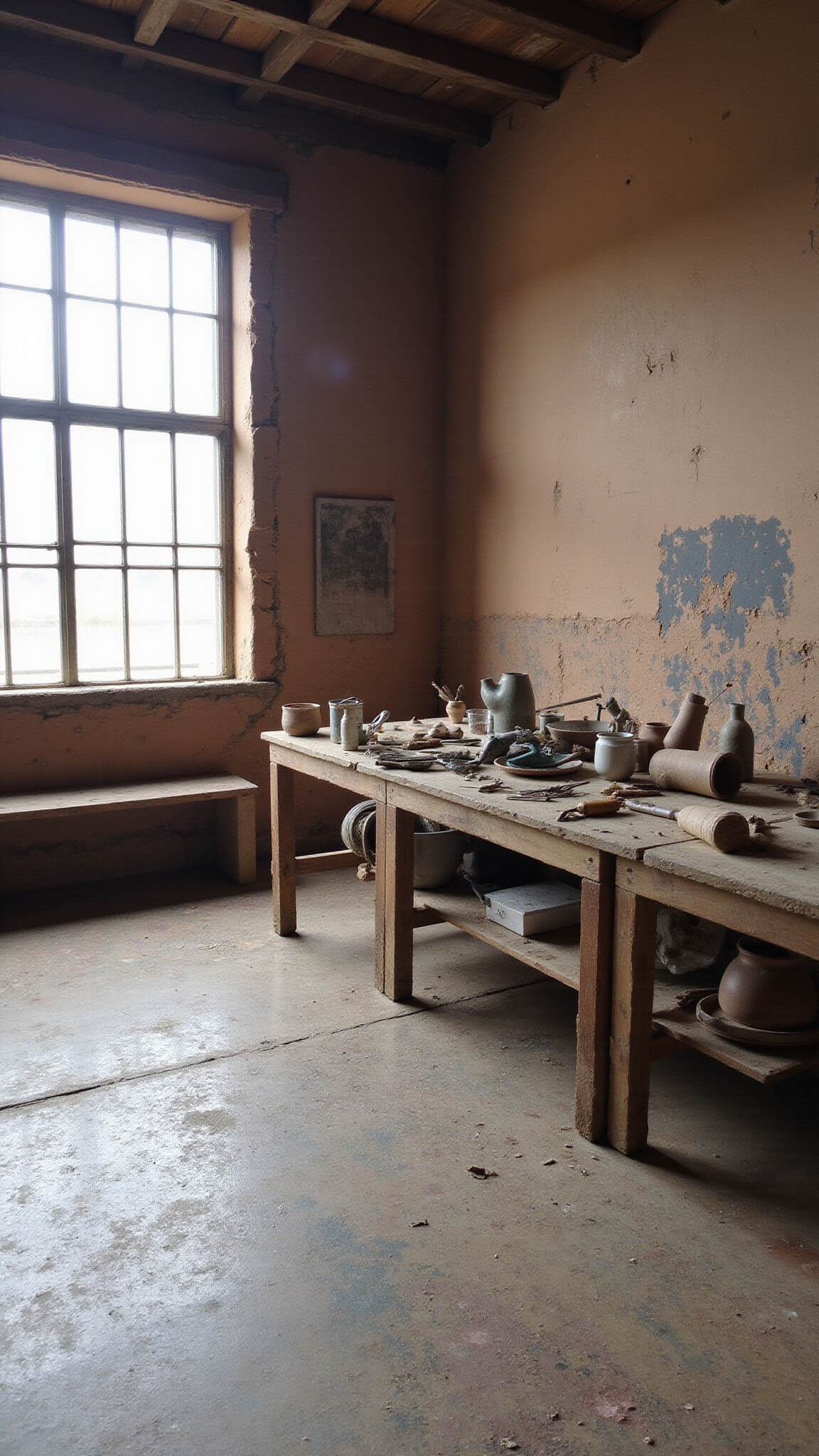 Artist's studio with aged timber beams, textured clay walls, and paint-splattered concrete floors, bathed in morning light; salvaged wood workbench holds handmade tools and materials.
