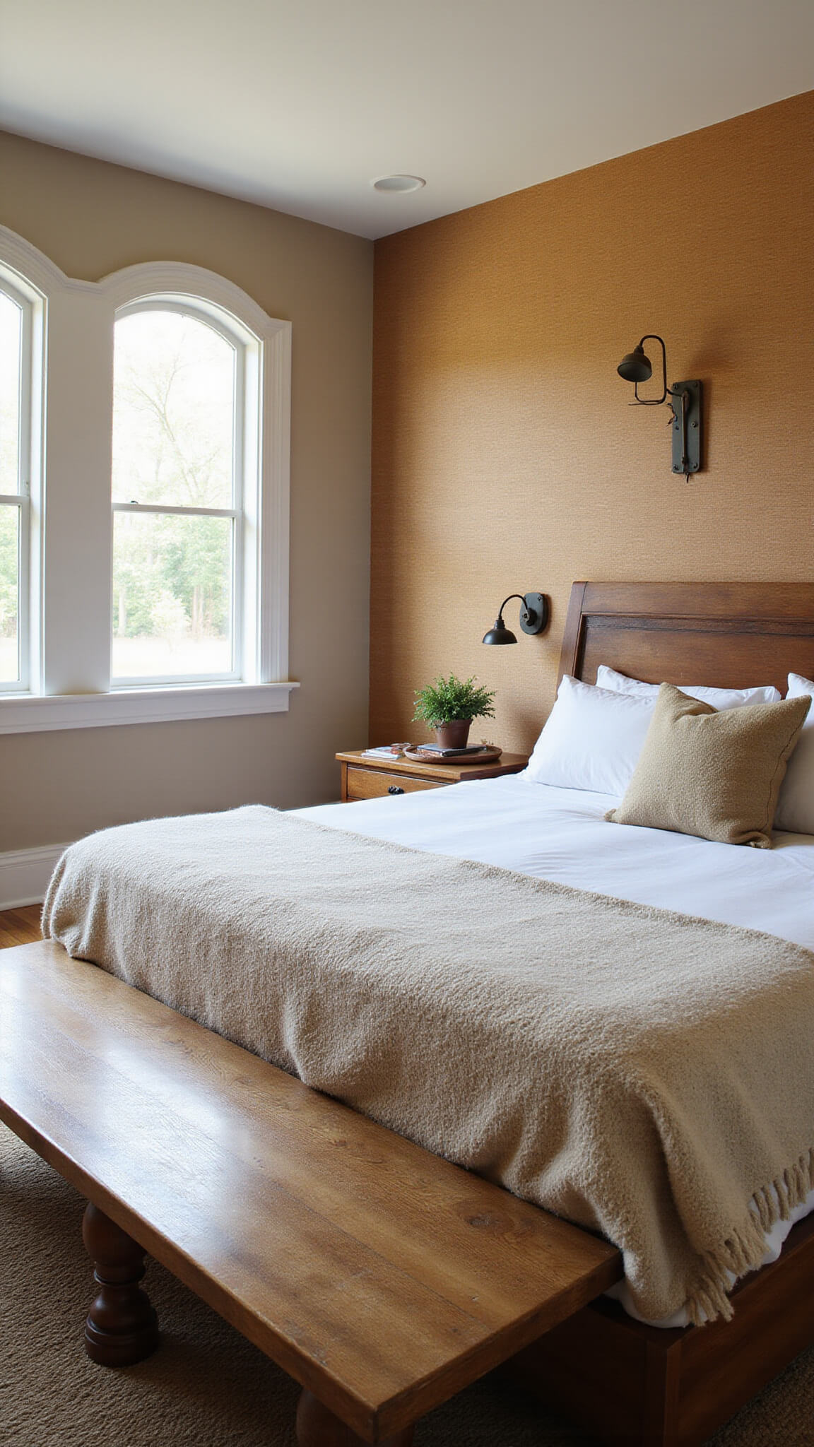 Artisan bedroom with arched windows, carved wood bench, chunky wool throw, copper sconces, and wheat-toned grasscloth walls.