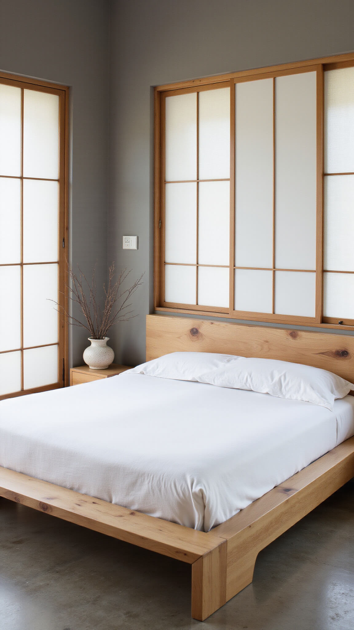 Minimalist 14x16ft bedroom with maple platform bed, white cotton futon, sliding shoji screens, ikebana arrangement, and raw concrete floor in soft morning light.