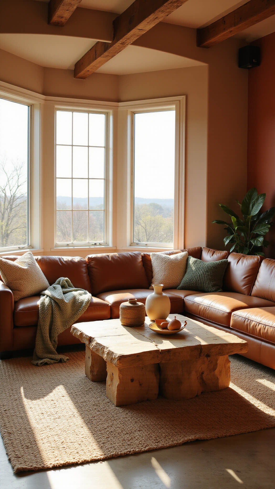 Sunlit living room with cognac leather sectional, terracotta accent wall, exposed wooden beams, and rustic decor at golden hour.