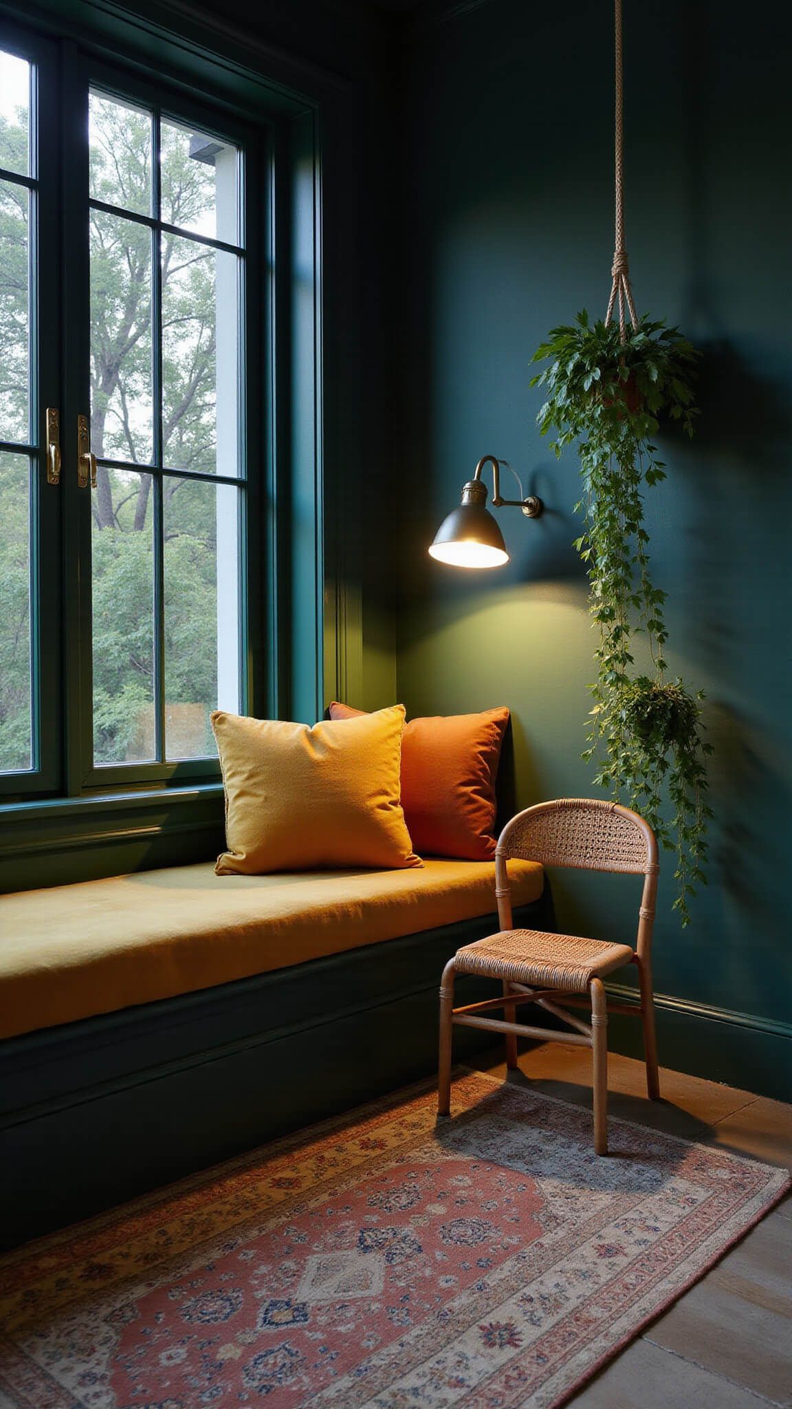 Cozy reading nook at dusk with floor-to-ceiling windows, forest green walls, ochre velvet cushions, rattan chair, trailing plants, and moody blue hour lighting.