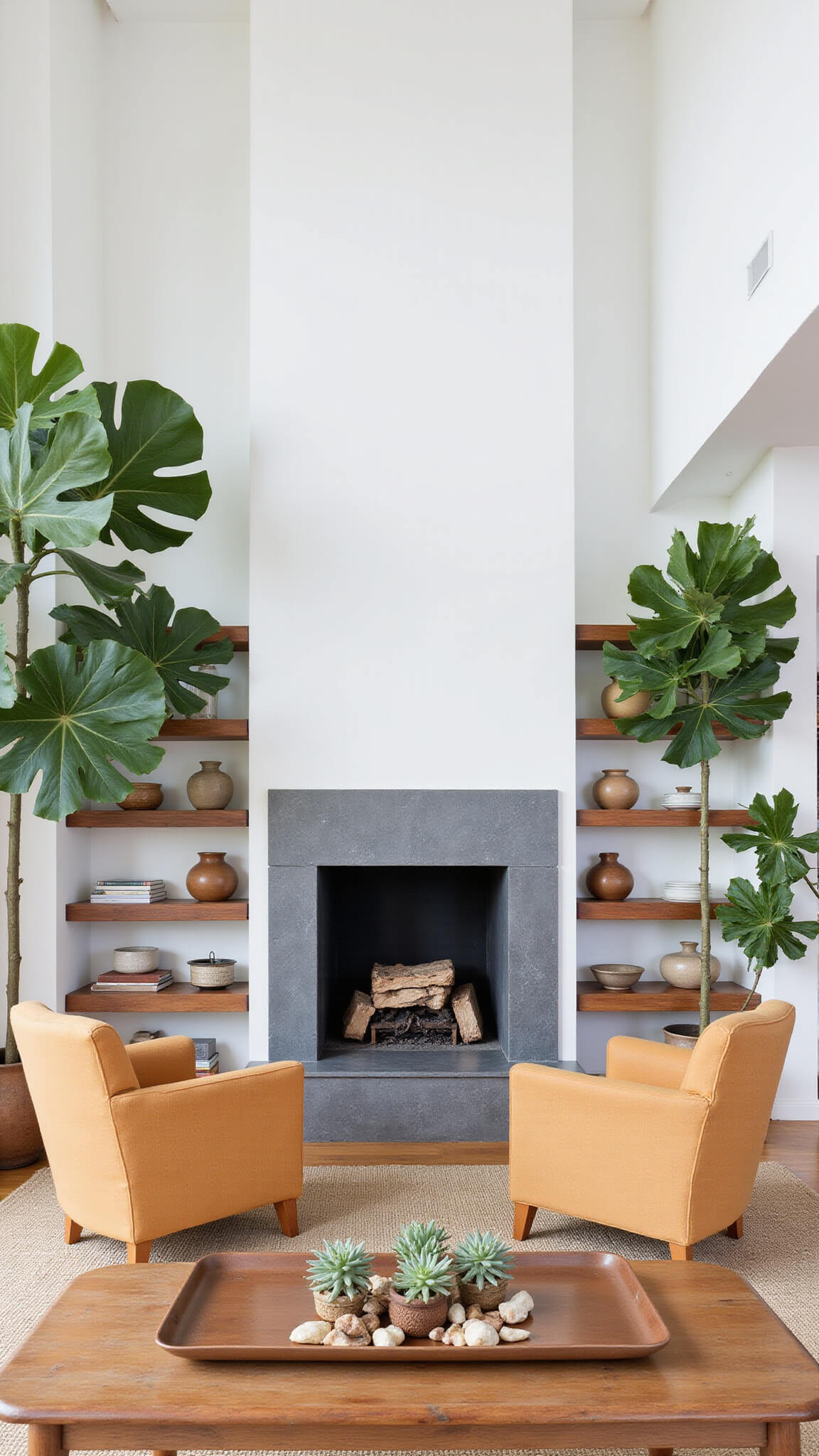 Modern open-concept living space with white walls, grey stone fireplace, sand bouclé chairs, teak bench, ceramic pottery on floating shelves, and lush greenery in natural diffused light.