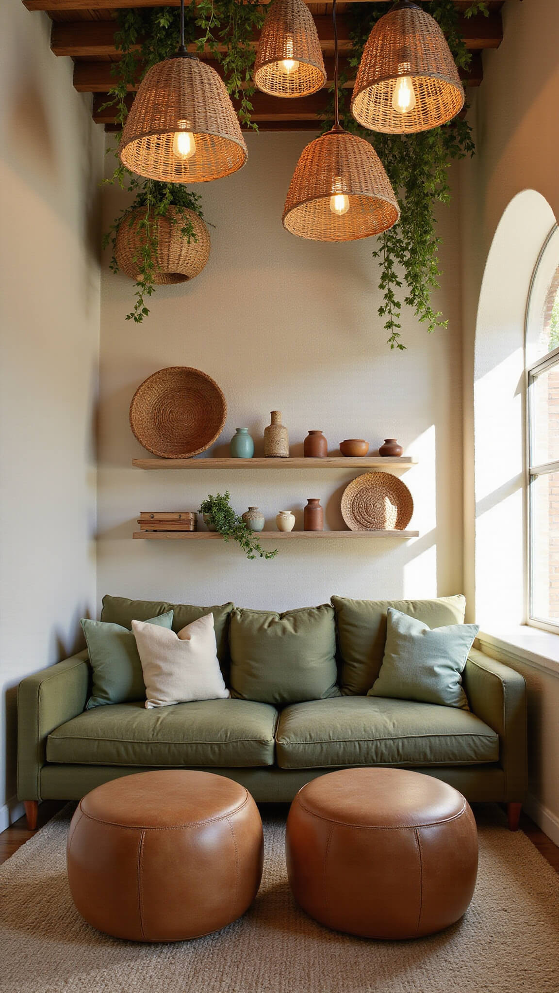 Cozy 16x20ft living room at sunrise with cream lime-washed walls, olive green linen sofa, caramel leather ottomans, woven pendant lights casting shadows, handmade baskets, earthenware vessels, sage and mint pillows, and hanging plants forming a canopy.