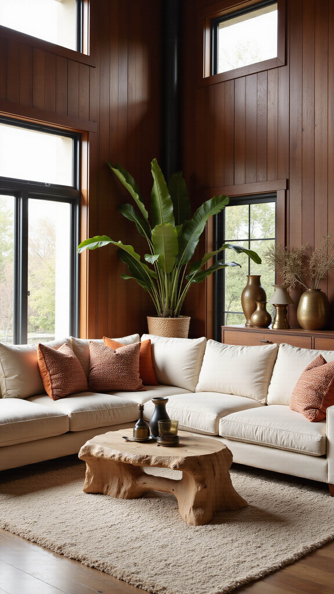 Sophisticated 22x26ft great room with walnut-paneled walls, industrial windows, linen sectional, driftwood coffee table, ceramic sculptures, and tall indoor plants in late afternoon light.