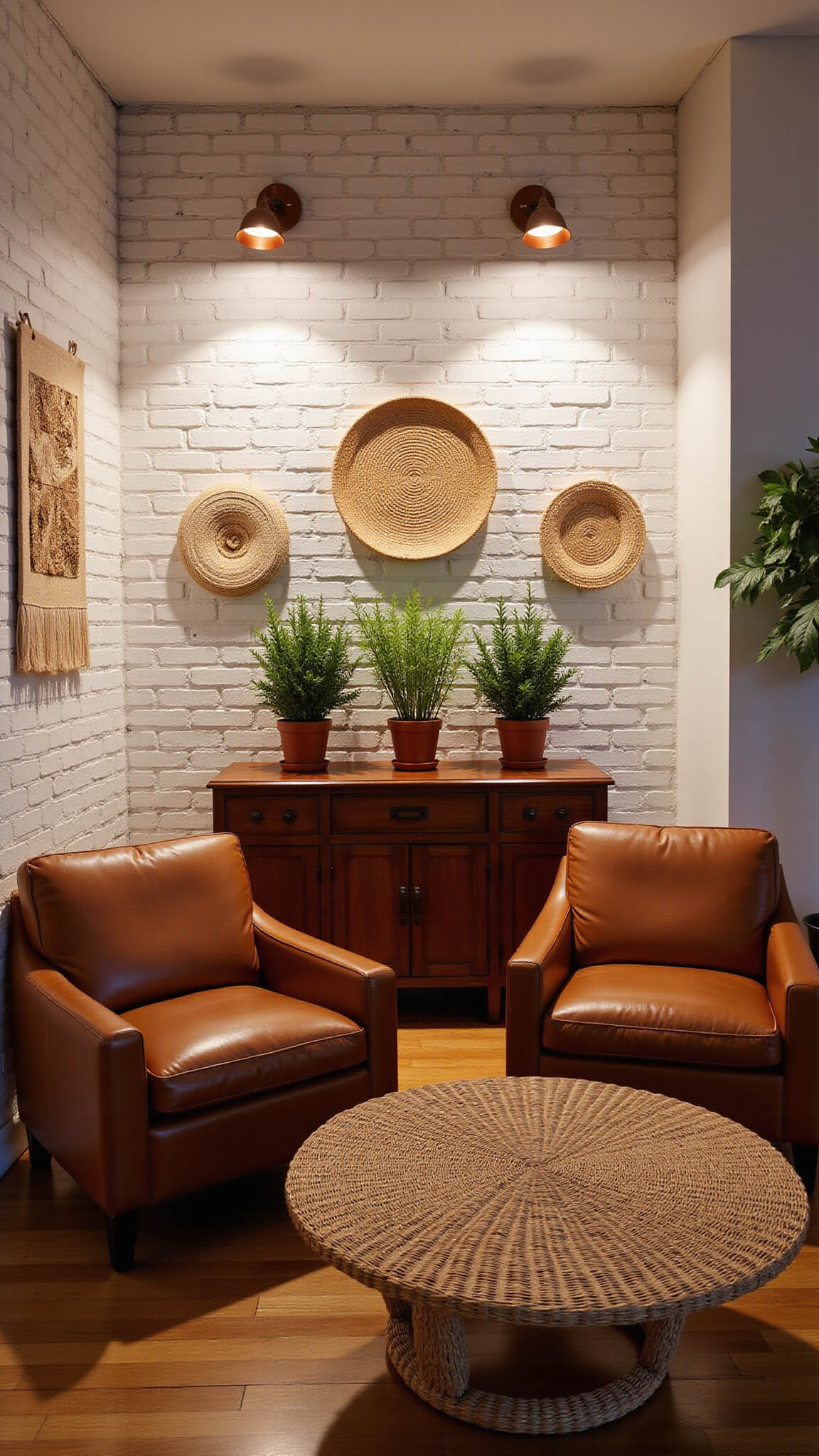 Cozy twilight sitting area with warm white brick walls, cognac leather chairs, rattan coffee table, textured wall hangings, vintage console, copper floor lamps, and potted herbs.