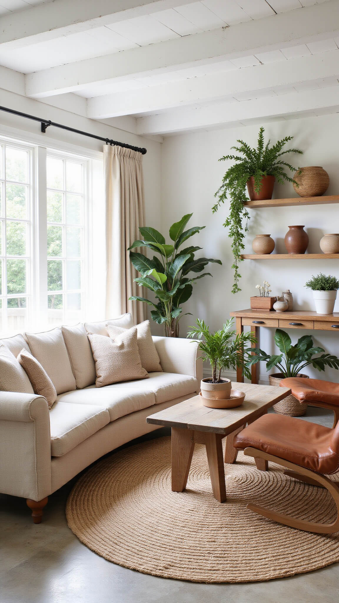 Sunlit living room with white ceiling beams, stone floors, curved oatmeal bouclé sofa, vintage leather chairs, layered jute and sisal rugs, earthy pottery on oak shelves, and lush green plants under flowing linen drapes.