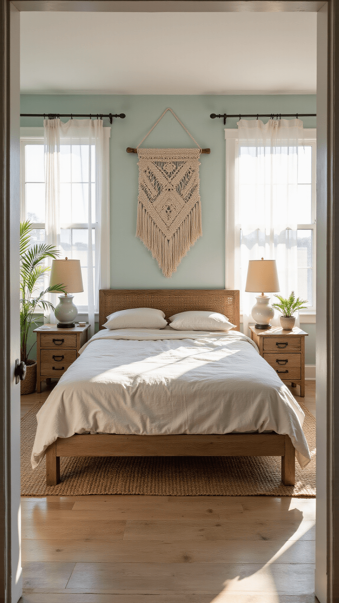 Coastal boho bedroom with rattan headboard, macramé wall art, and sunlit linen bedding, photographed at golden hour with natural textures and airy decor.