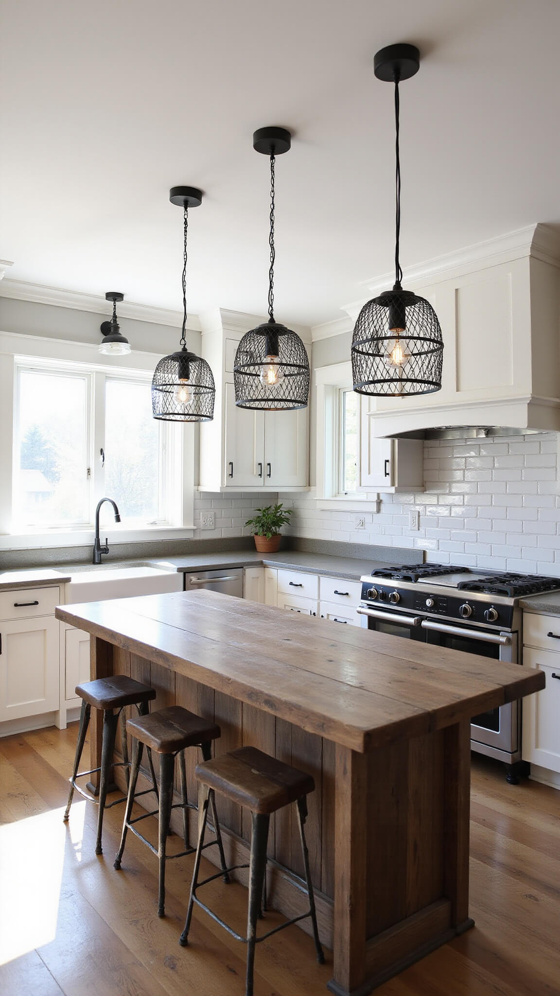 Industrial-farmhouse kitchen with matte black cage pendants over rustic island, distressed white oak cabinets, concrete countertops, and early morning light through factory windows.