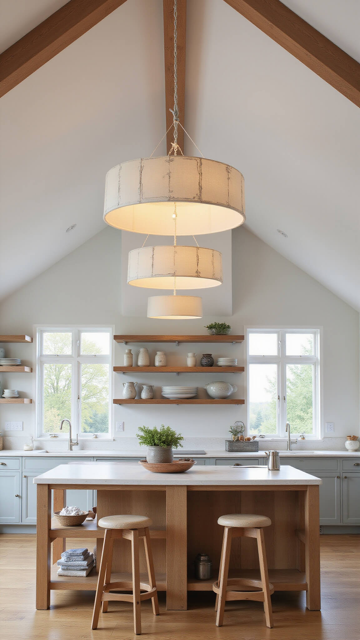 Cathedral-ceiling kitchen with wooden drum pendants, oak flooring, open shelving, and an 8ft island styled with pottery and fresh herbs.