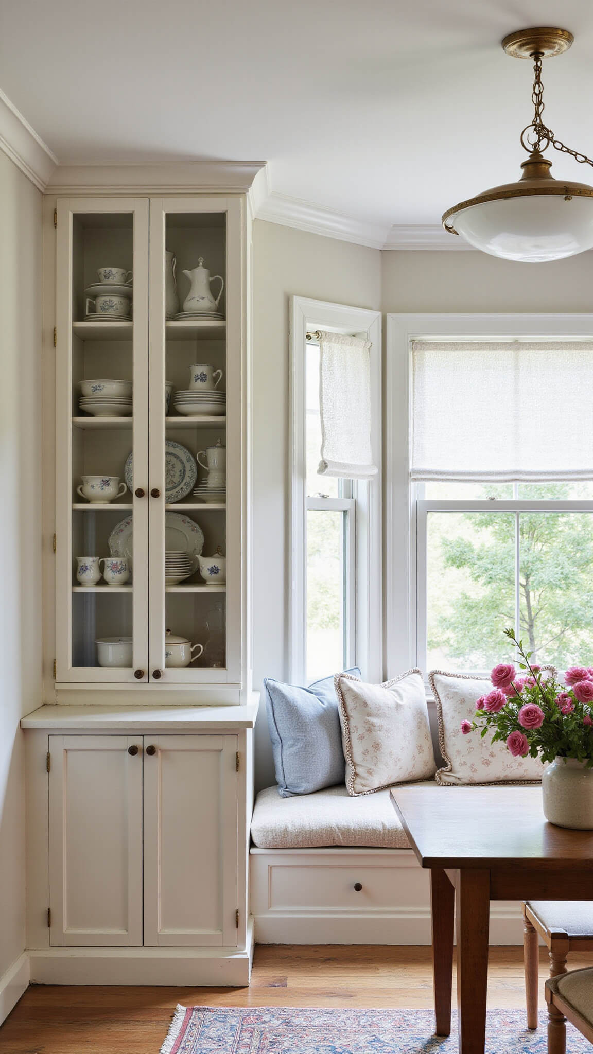 Cozy kitchen nook with antique brass light, vintage-white glass-front cabinets, lace café curtains, and copper accents in soft afternoon light.
