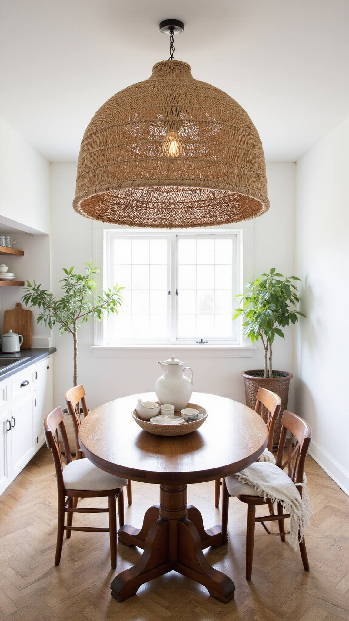 Overhead view of modern farmhouse kitchen with large woven seagrass pendant over round breakfast table in sunlit 15x15ft space, featuring white walls, linen textiles, and handmade ceramics.