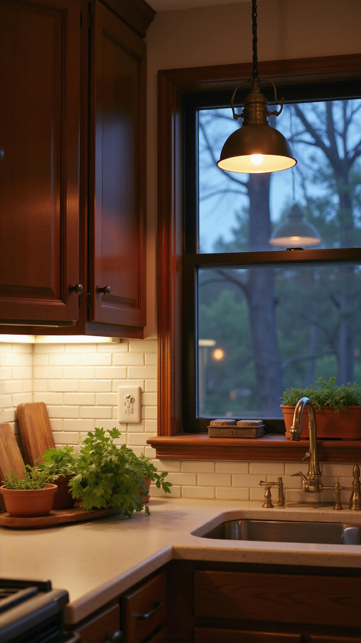 Layered kitchen lighting with under-cabinet LED strips on subway tile backsplash, vintage sconces by window, warm light on brass hardware, herbs in terracotta pots.
