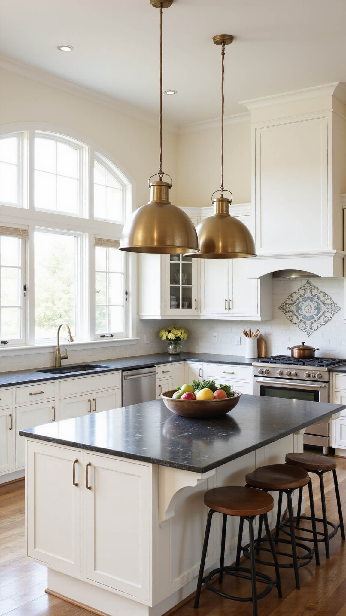 Trio of mixed-metal pendant lights over kitchen island with vanilla bean walls, charcoal soapstone counters, vintage copper cookware, and marble accents in late morning light.
