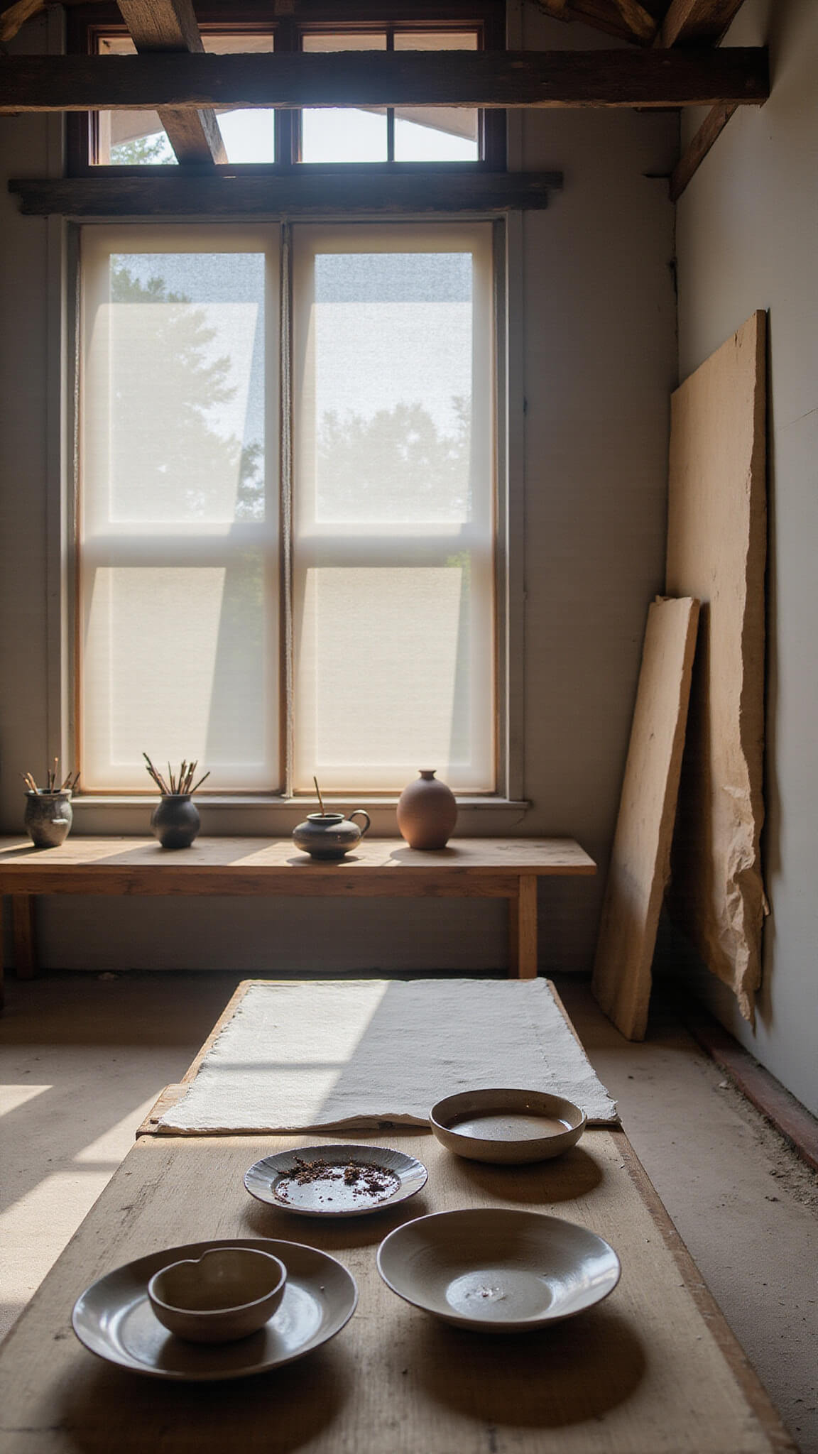 Japanese-inspired studio with low wooden table, painting supplies, and rice paper screens glowing with morning light.