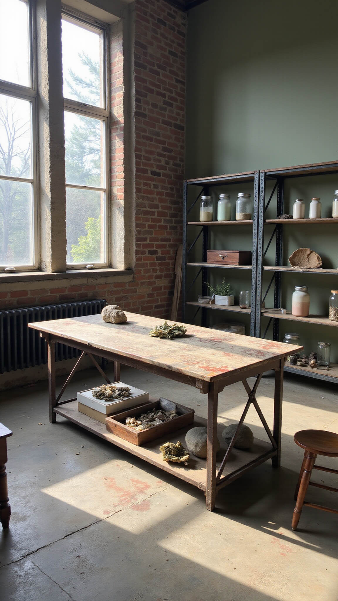 Late afternoon light streams into a minimalist art studio with a distressed wooden workbench covered in natural objects and paint jars, viewed from above at an angle.