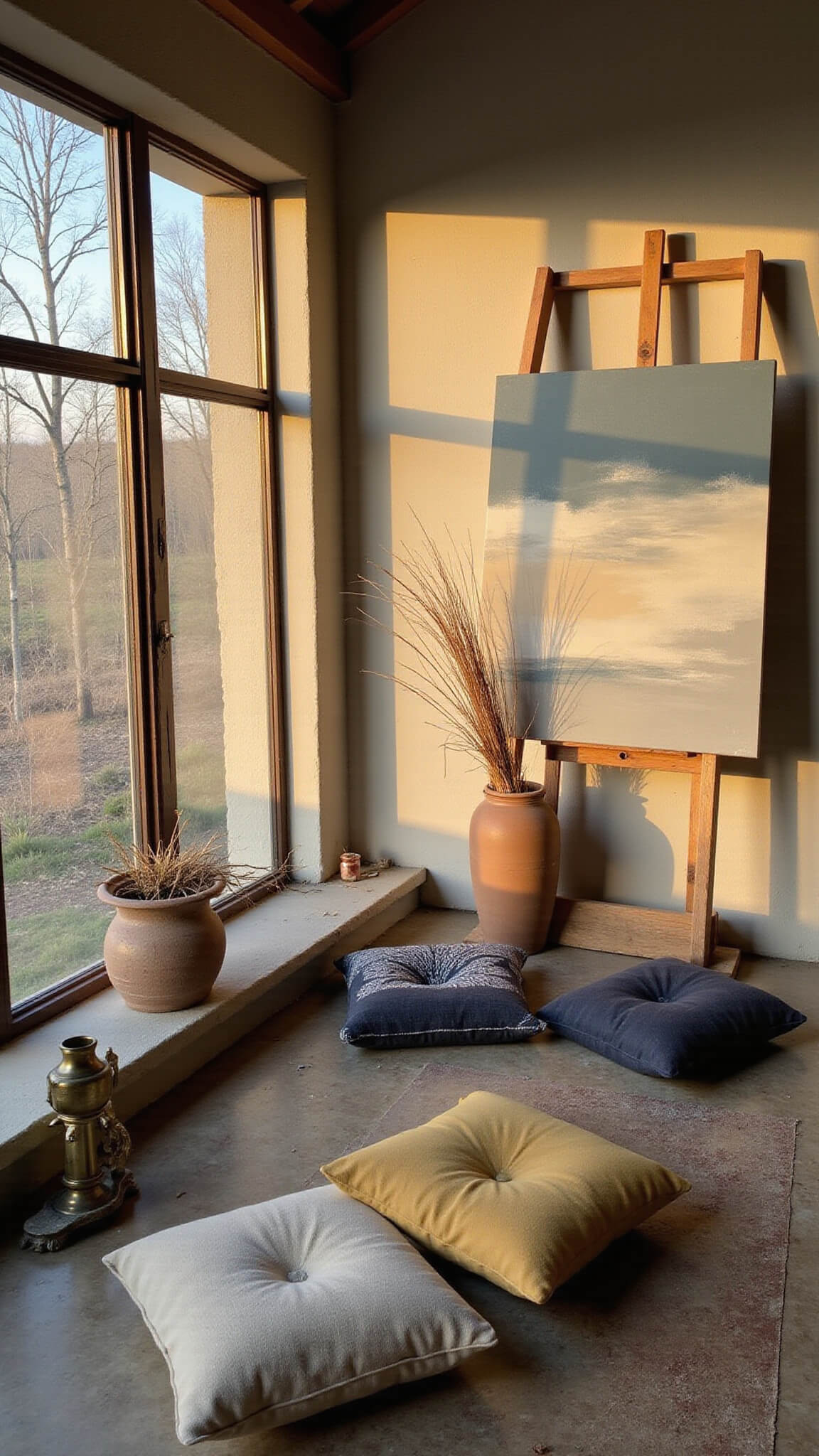 Cozy 10x12ft meditation-art space at golden hour with light on textured plaster walls, low platform seating with woven cushions, wooden easel holding wabi sabi painting, and clay vessels with dried grasses.