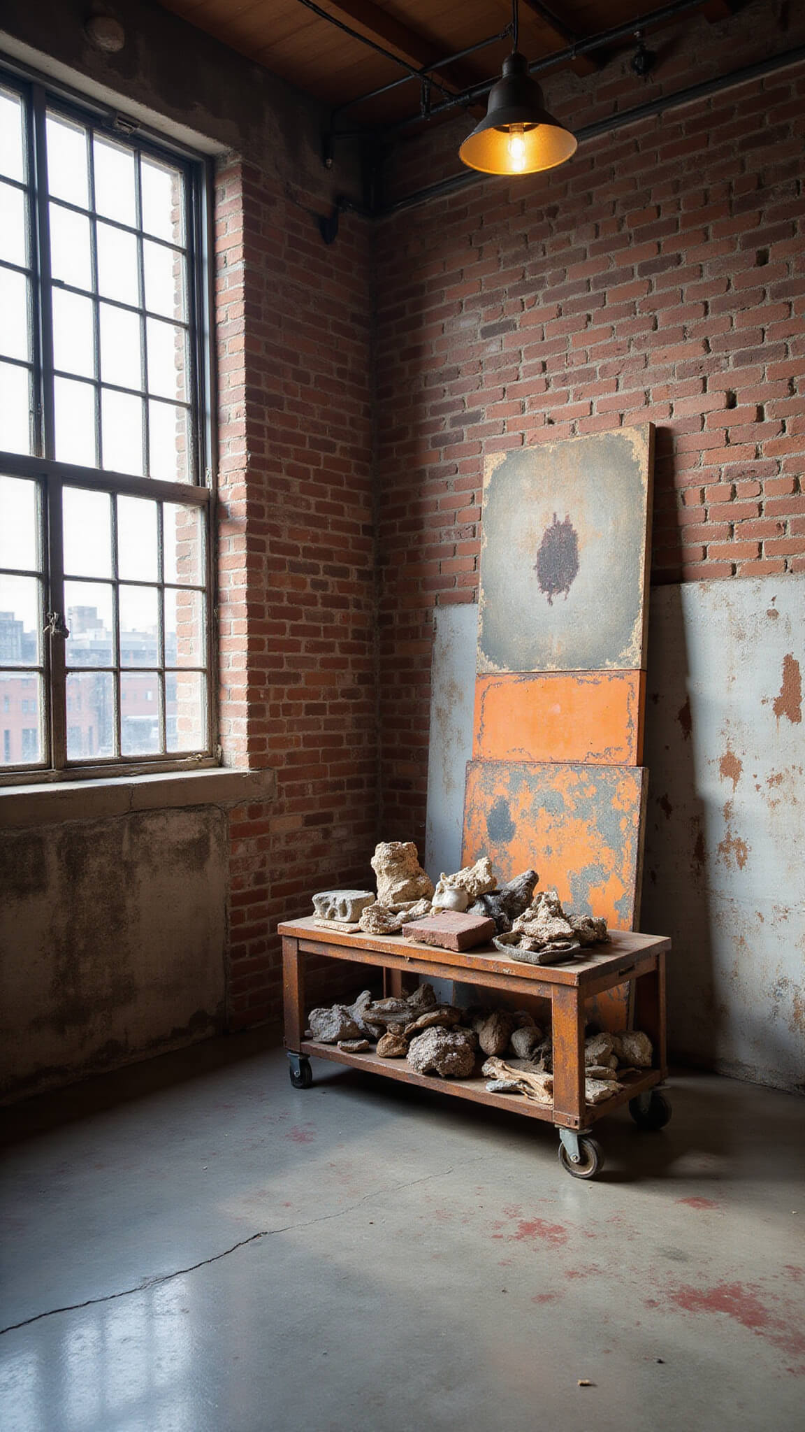 Early morning light fills a converted 16x20ft industrial loft with tall factory windows, paint-splattered concrete floors, an industrial cart holding rusted metal, driftwood, and ceramics, and large wabi sabi paintings leaning against exposed brick walls.