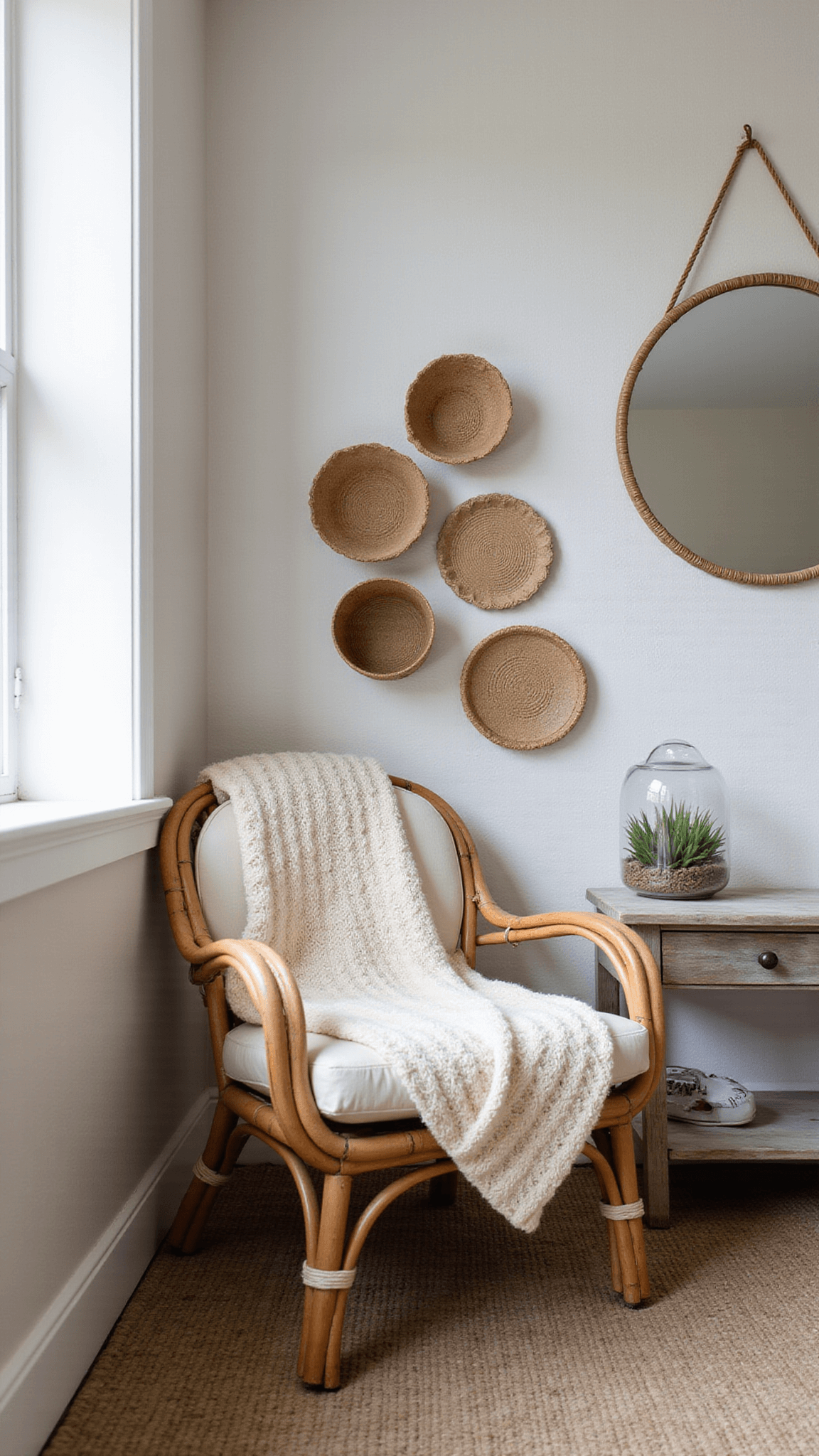 Coastal bedroom corner at dawn with rattan chair, knit throw, rope-framed mirror, wall baskets, and soft morning light.