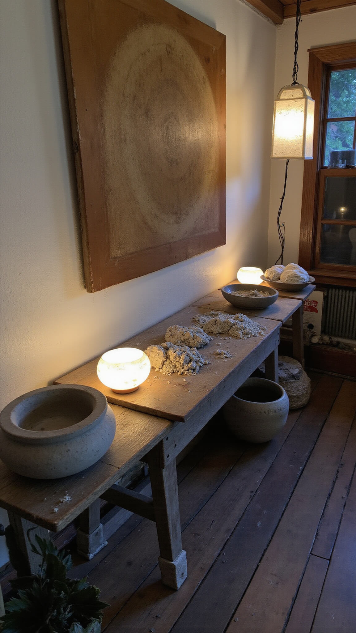 Cozy 14x16ft home art studio at dusk with soft paper lantern lighting, aged wooden floors, ancient workbench holding natural pigments in stone mortars, ceramic water bowls, and textured canvases ready for painting.