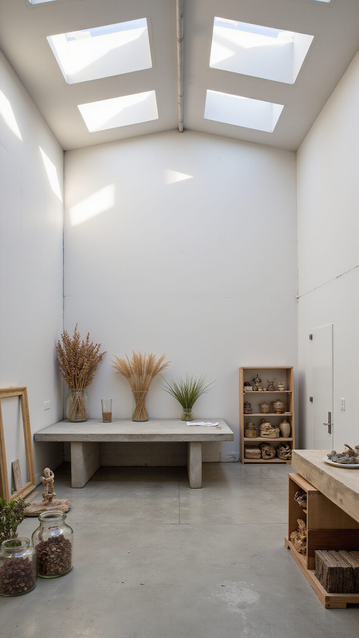 Contemporary art studio with skylights, textured white walls, concrete workstation, organic materials, and artwork storage illuminated by natural light.