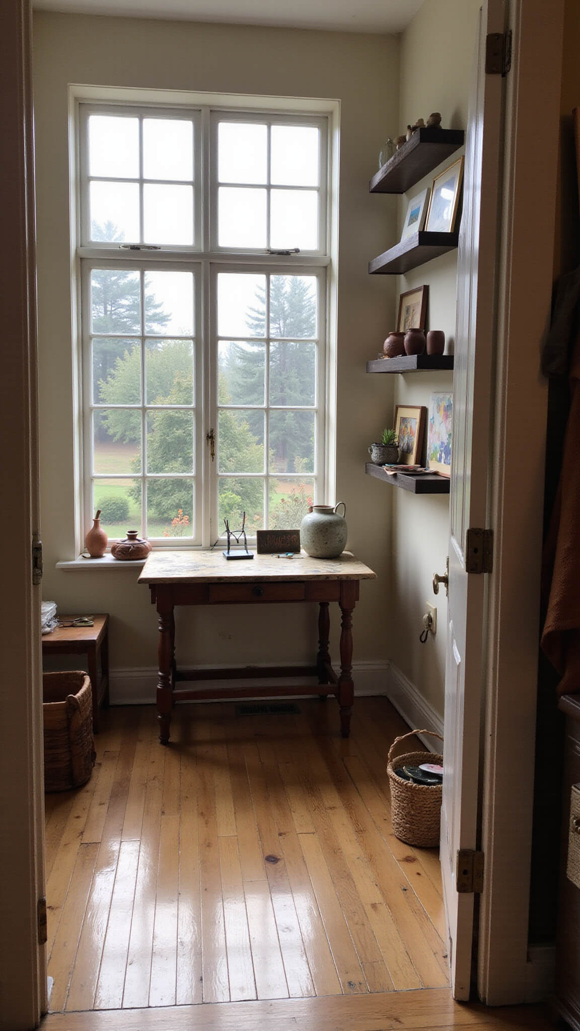 Cozy 12x15ft artist retreat with vintage drafting table, bay windows overlooking garden, open shelves of wabi sabi art and natural objects, handwoven basket of paints, in muted earth tones and morning fog light.