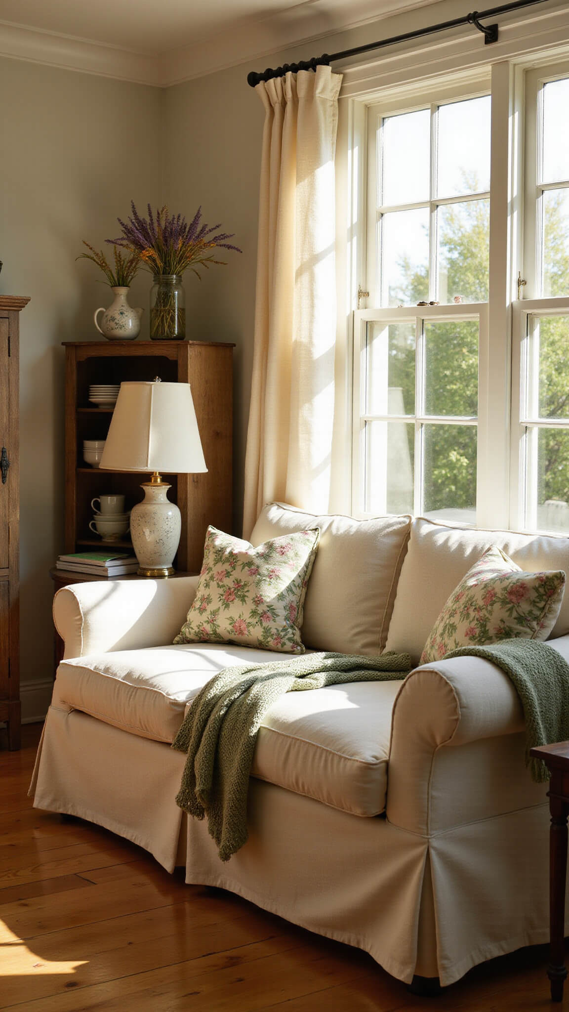 Cozy cottage living room at golden hour with sunlight filtering through linen curtains, highlighting a cream sofa, vintage armoire, and floral decor.