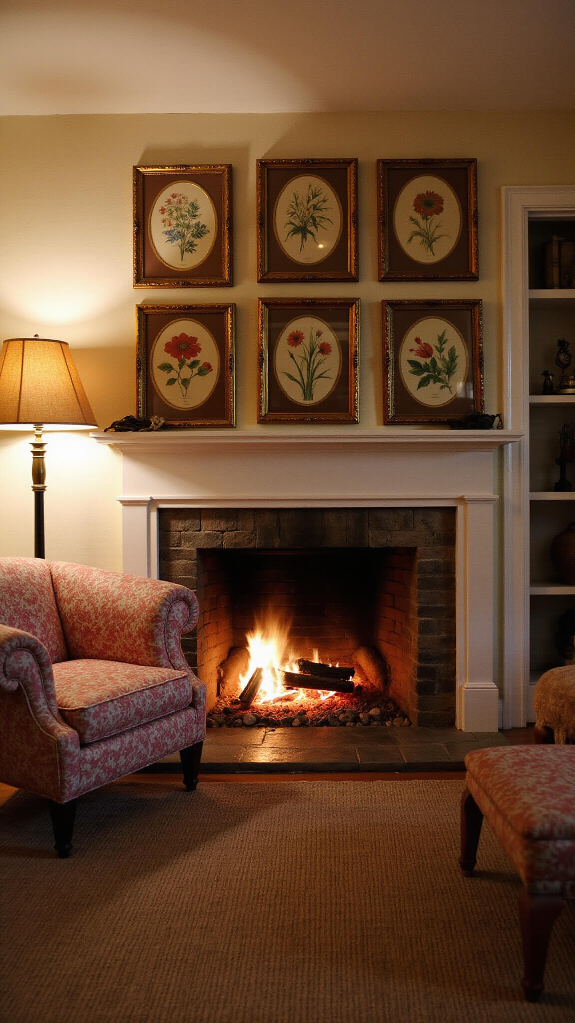 Cozy cottage sitting area at dusk with stone fireplace, rose chintz wingback chair, brass floor lamp, and vintage decor in warm firelight.