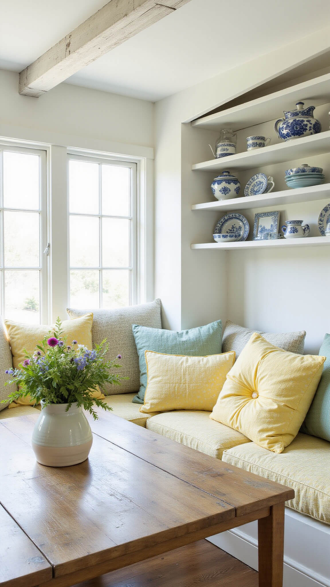Cottagecore breakfast nook with morning light, quilted corner window seat, farmhouse table with wildflowers, and blue and white pottery on open shelves.