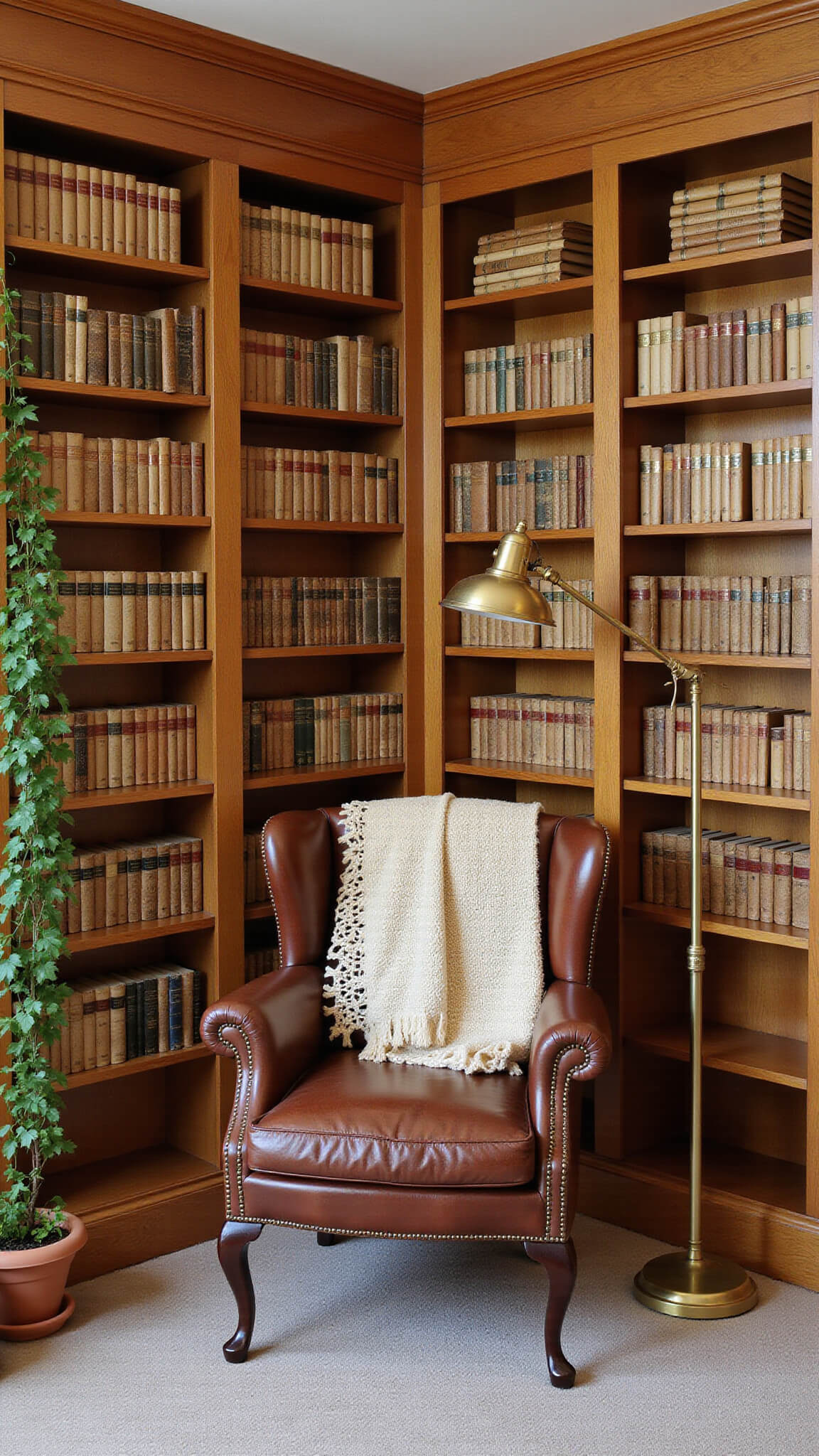 Cozy cottage library corner with floor-to-ceiling honey oak bookshelves, vintage books, worn leather reading chair with cream crochet throw, brass task lamp, and trailing ivy in terracotta pots.