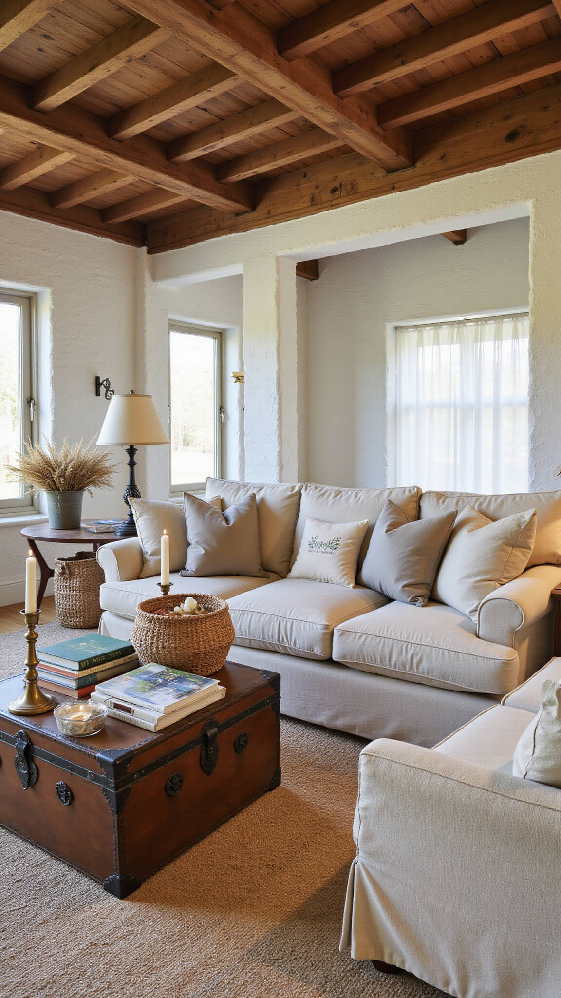 Cozy twilight cottage great room with exposed beams, whitewashed stone walls, oversized linen sectional, vintage trunk coffee table, and warm mixed lighting.