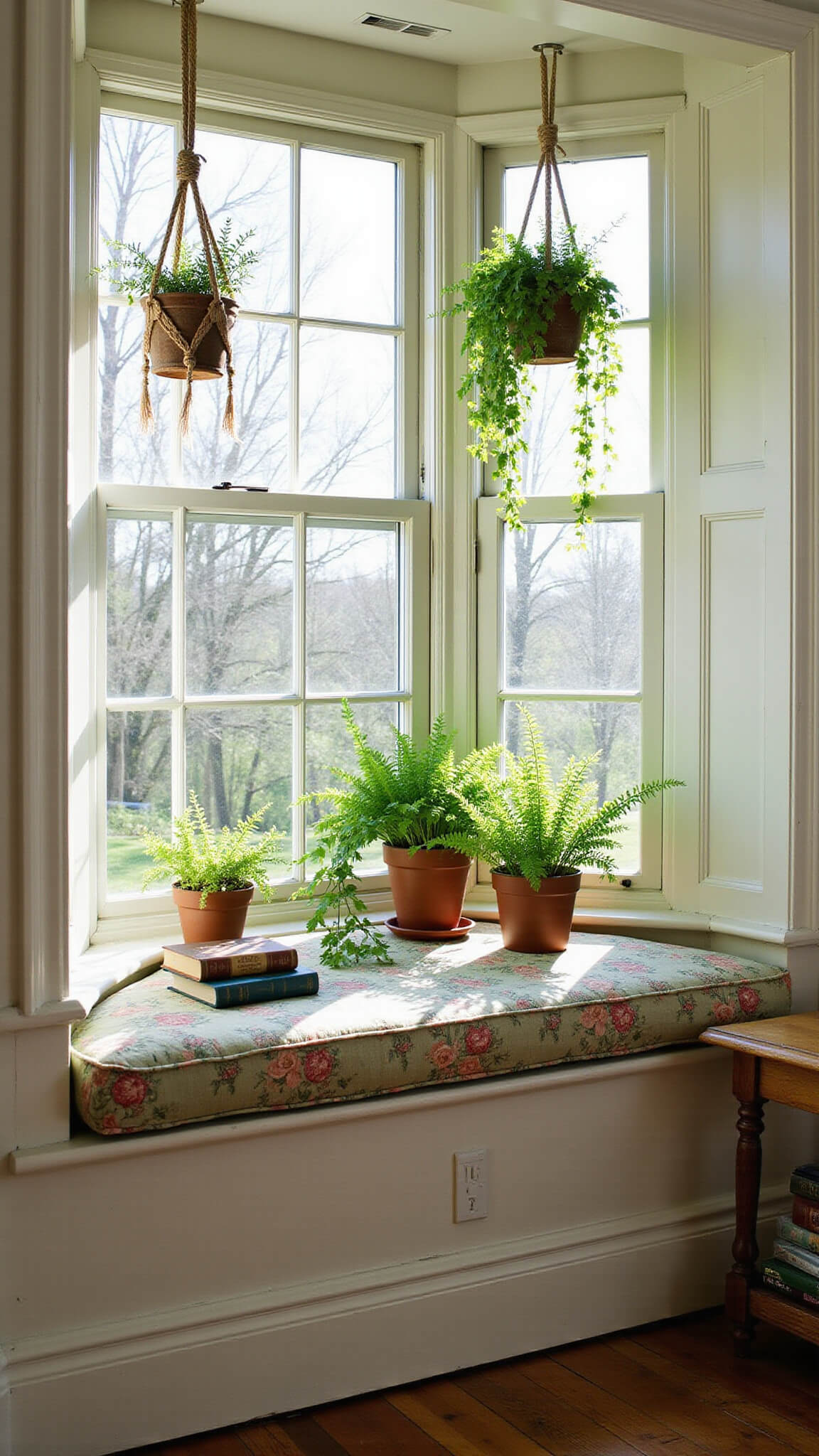 Cozy sunlit cottage window seat with vintage floral cushions, surrounded by potted herbs, ferns, and trailing vines in a peaceful, verdant alcove.