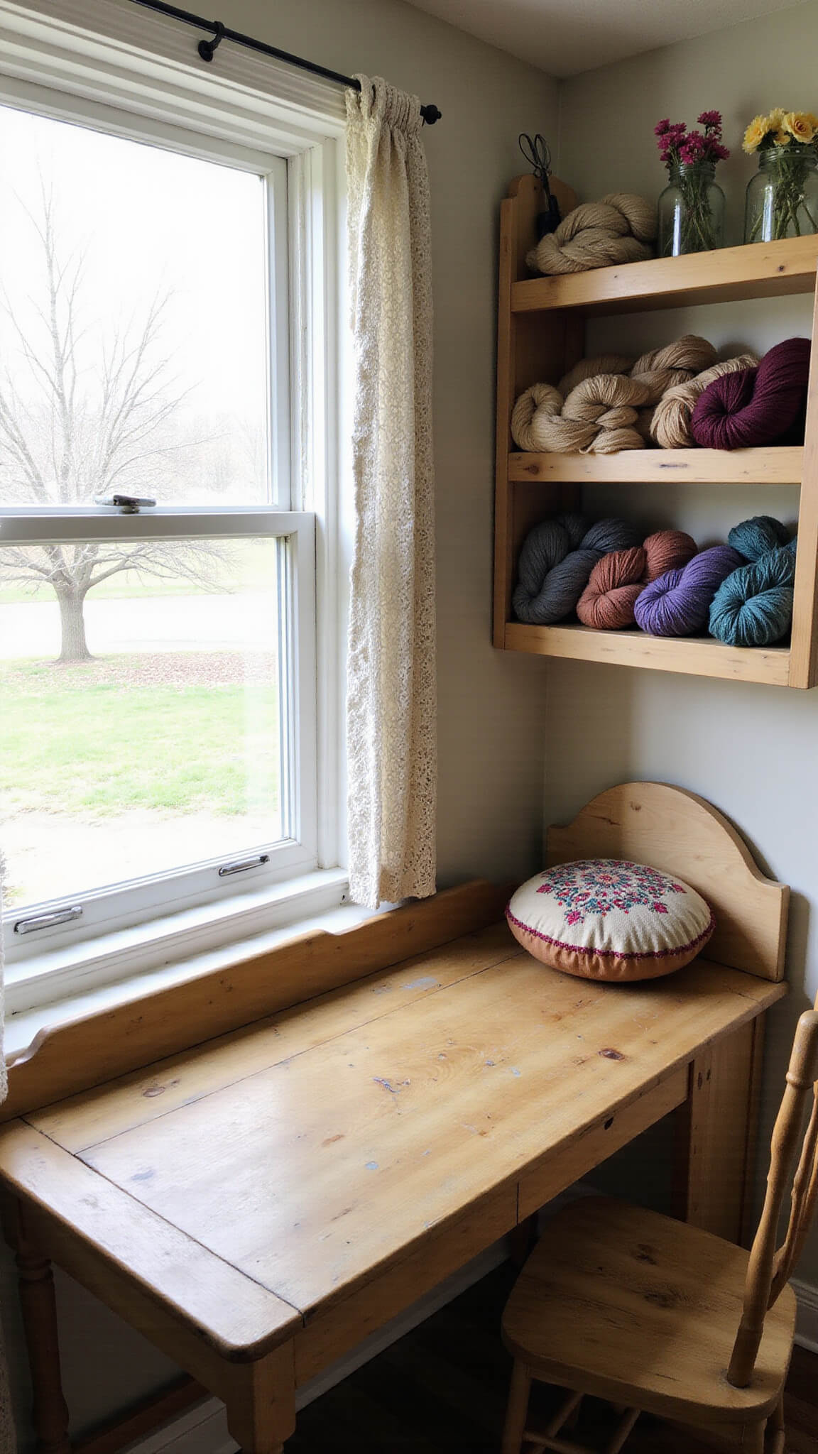 Rustic cottage crafting corner with pine desk under window, colorful yarn on open shelves, vintage tools, and a wooden chair with needlepoint cushion, softly lit by filtered midday sunlight.