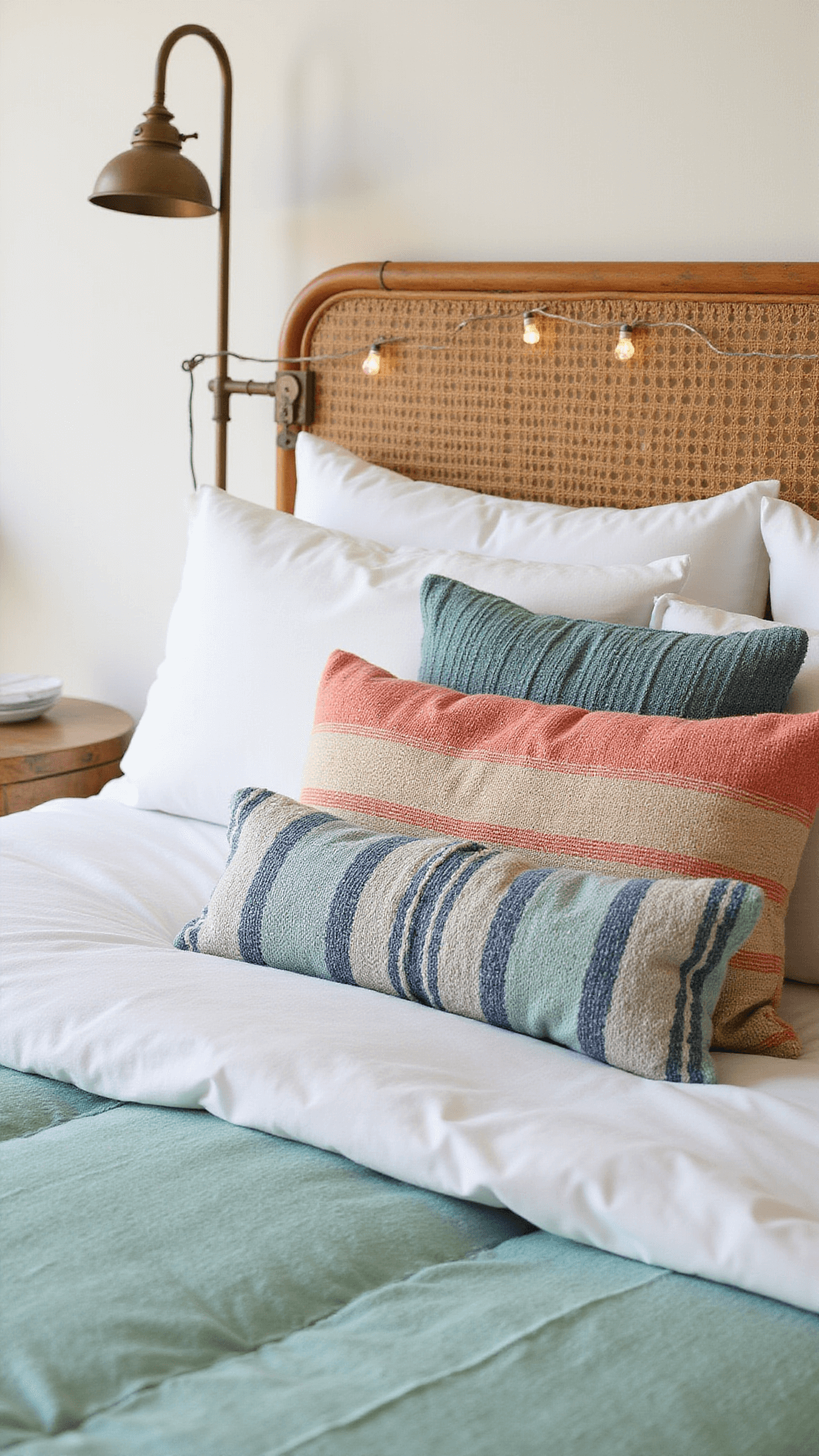 Close-up of layered bedding with white linen duvet, seafoam green quilt, handwoven coral, sand, and ocean blue pillows, centered vintage indigo lumbar pillow, rattan headboard with string lights, and brass reading lamp in soft afternoon light.
