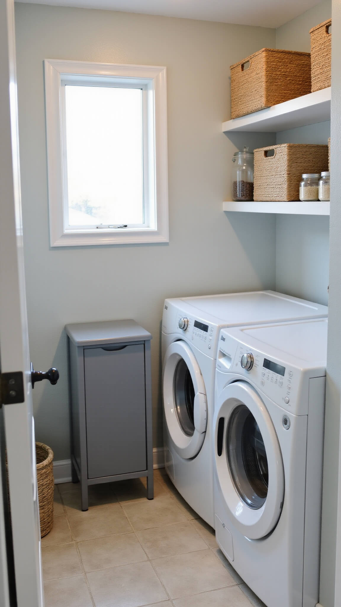 Compact 8'x6' laundry room with white front-loading washer and dryer, floating shelves with baskets and jars, slim gray rolling cart, and soft morning light through frosted window.