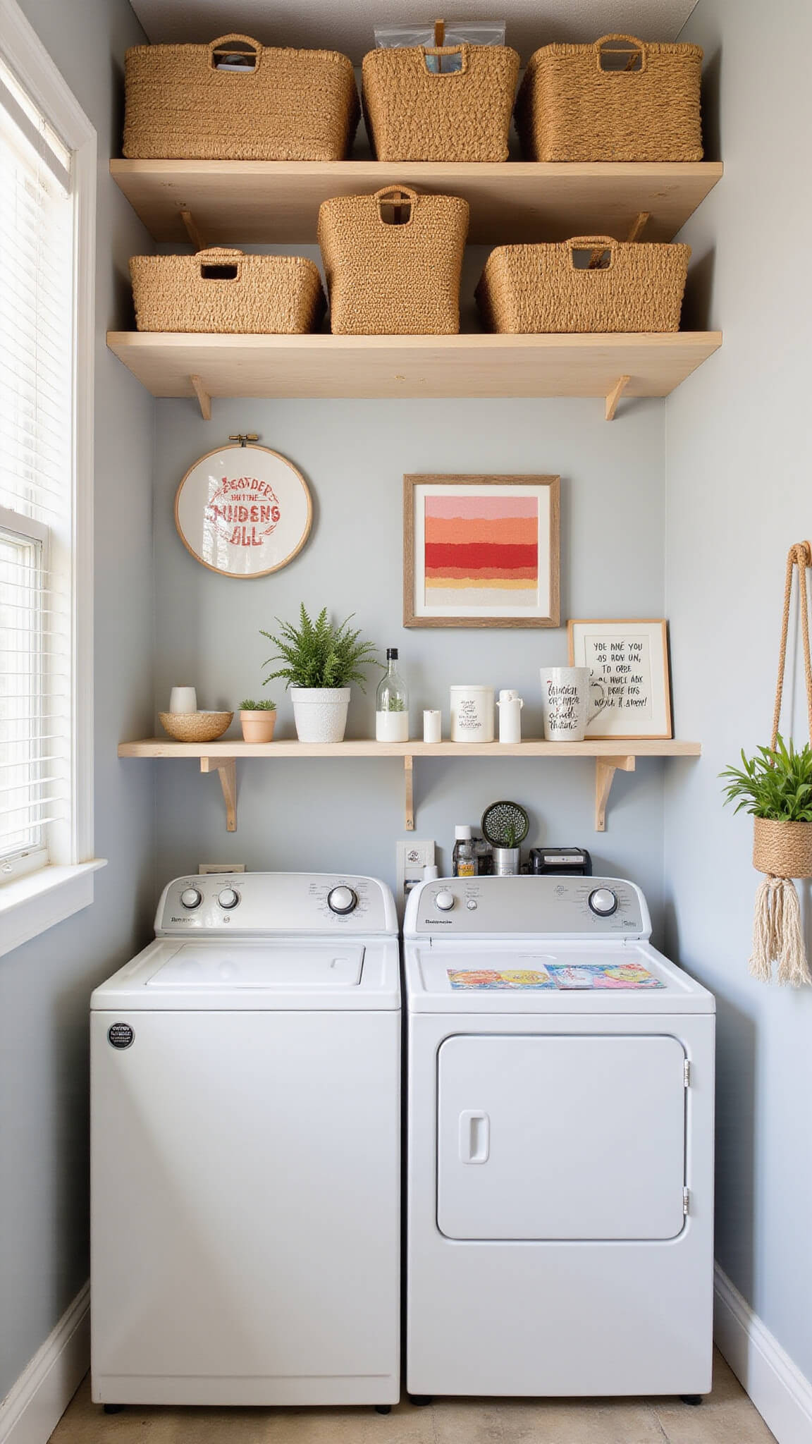 Overhead view of small 7'x6' laundry room with vintage baskets for vertical storage, DIY fabric hoop art on pale gray walls, typography art, macrame plant holder, and warm morning light highlighting budget-friendly organic decor.