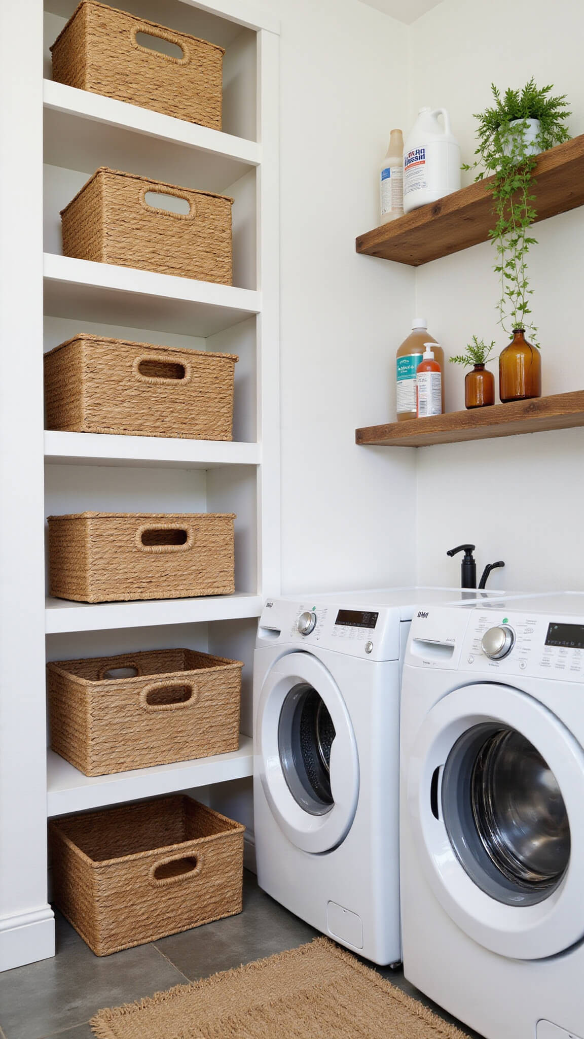 Eye-level view of cozy 6'x8' laundry area with woven baskets on white shelves, wooden floating shelf with plants and amber jars, jute rug on gray tile floor, bathed in soft morning light.