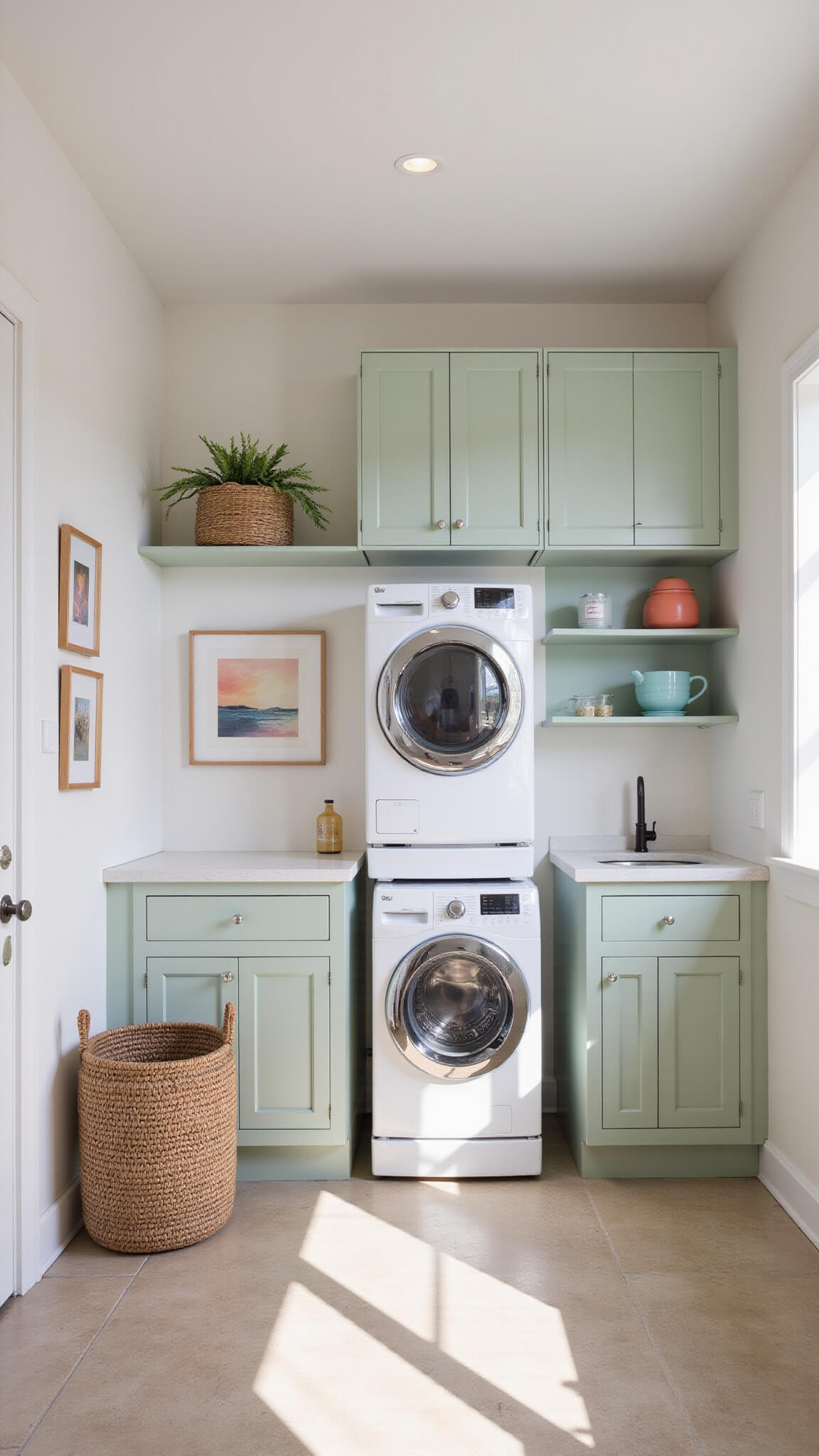 Wide-angle view of modern 8'x7' laundry room with warm white walls, sage green cabinets, coral accents, stacked machines, custom shelving, and professional organizing systems in bright natural light.