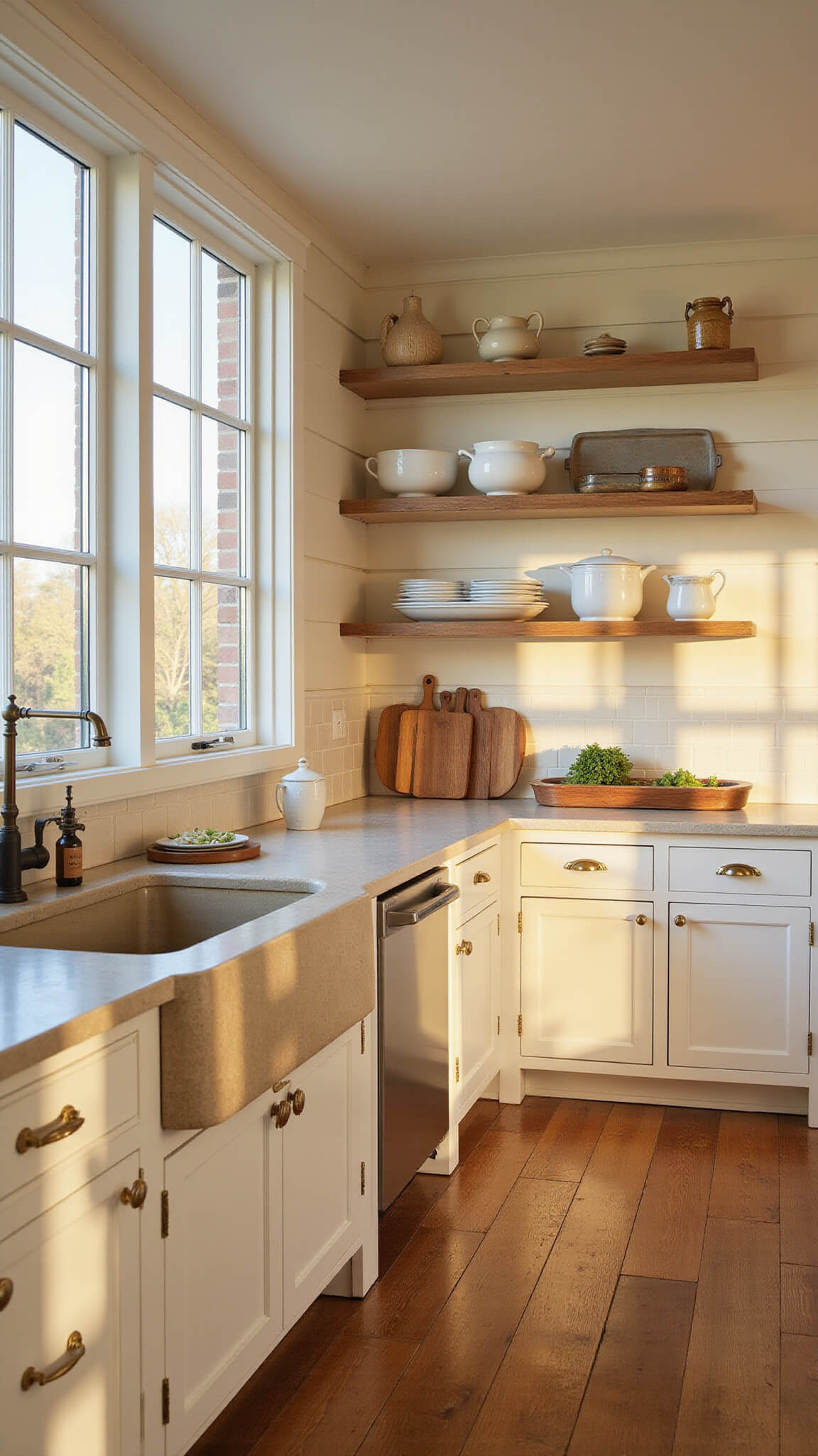 Farmhouse kitchen with cream shaker cabinets, oak flooring, and sunlight streaming through west-facing windows.