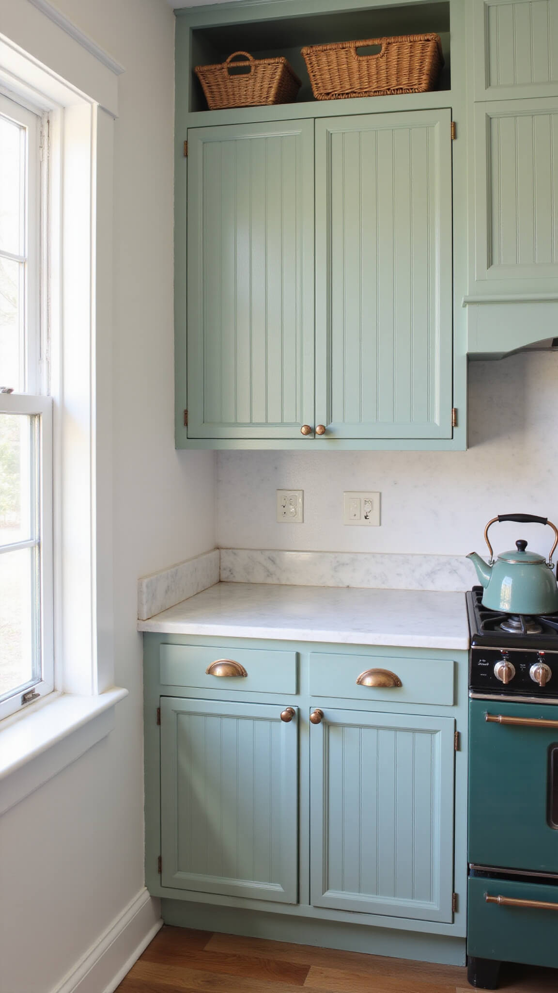 Sage green beadboard kitchen cabinets with patinated copper handles, white marble countertops, and vintage accents in soft morning light.