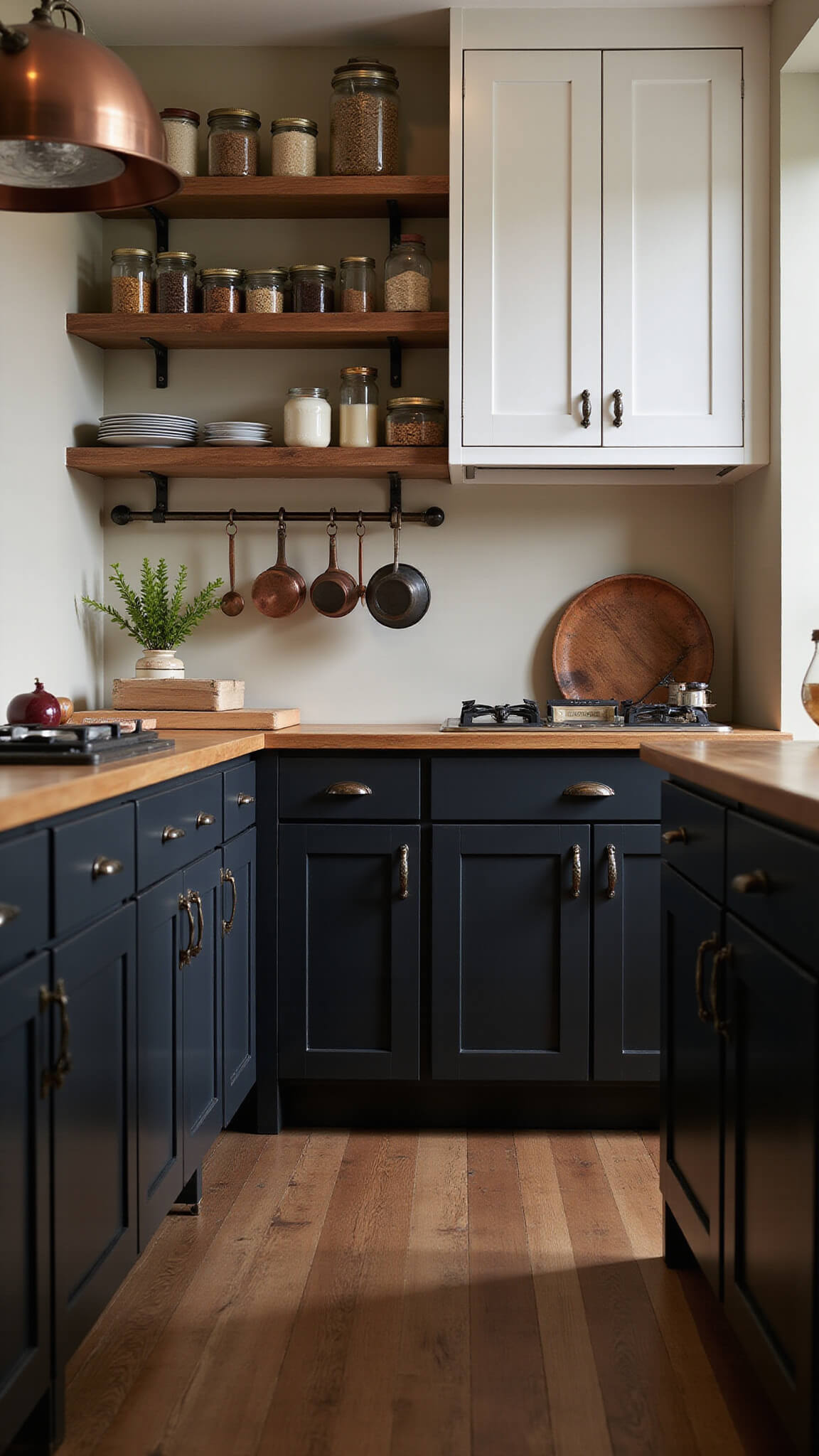 Galley kitchen at dusk with 8x14ft layout, matte black lower cabinets, warm white uppers, exposed hinges, iron pulls, open shelves with mason jars, hanging copper cookware, and moody task lighting.