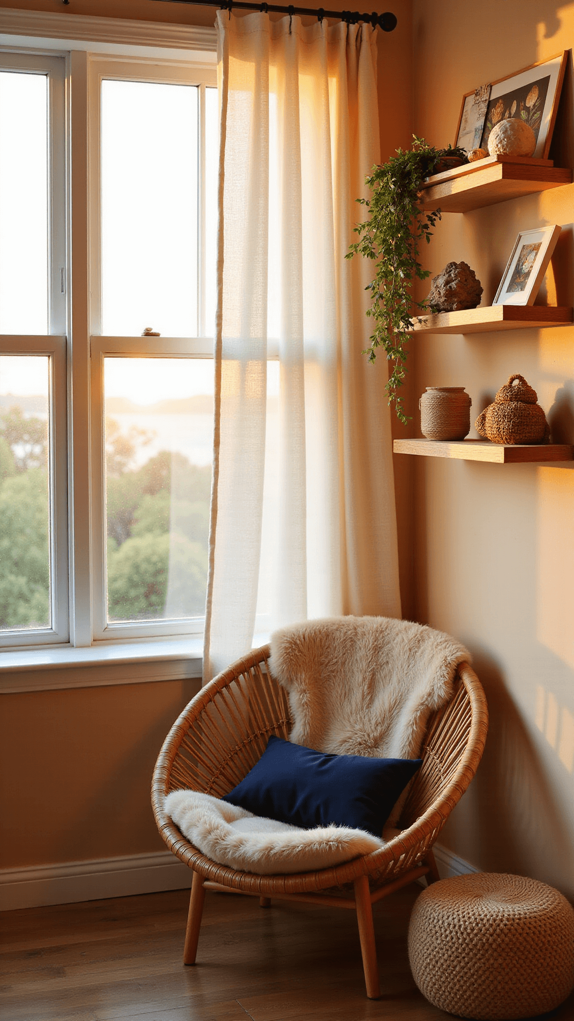 Cozy window-side reading nook at sunset with a rattan peacock chair, sheepskin throw, navy velvet cushion, glowing white linen curtains, coastal decor on floating shelves, macramé plant hanger, jute pouf, and golden hour lighting.