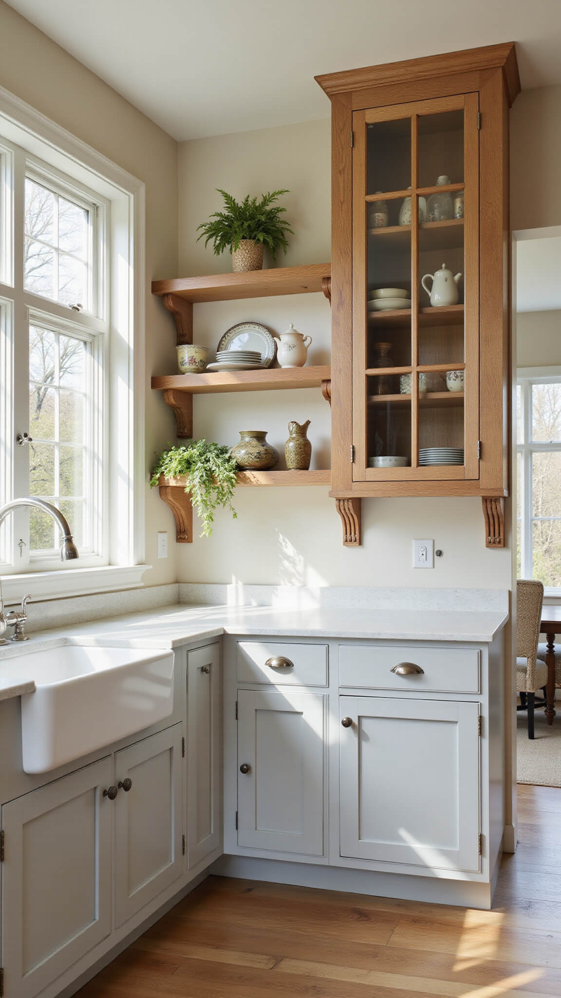 Open concept 15x18ft kitchen with floor-to-ceiling windows, natural oak and dove gray cabinets, glass-front displays, floating shelves with carved corbels, vintage ironstone, and morning light casting strong shadows.