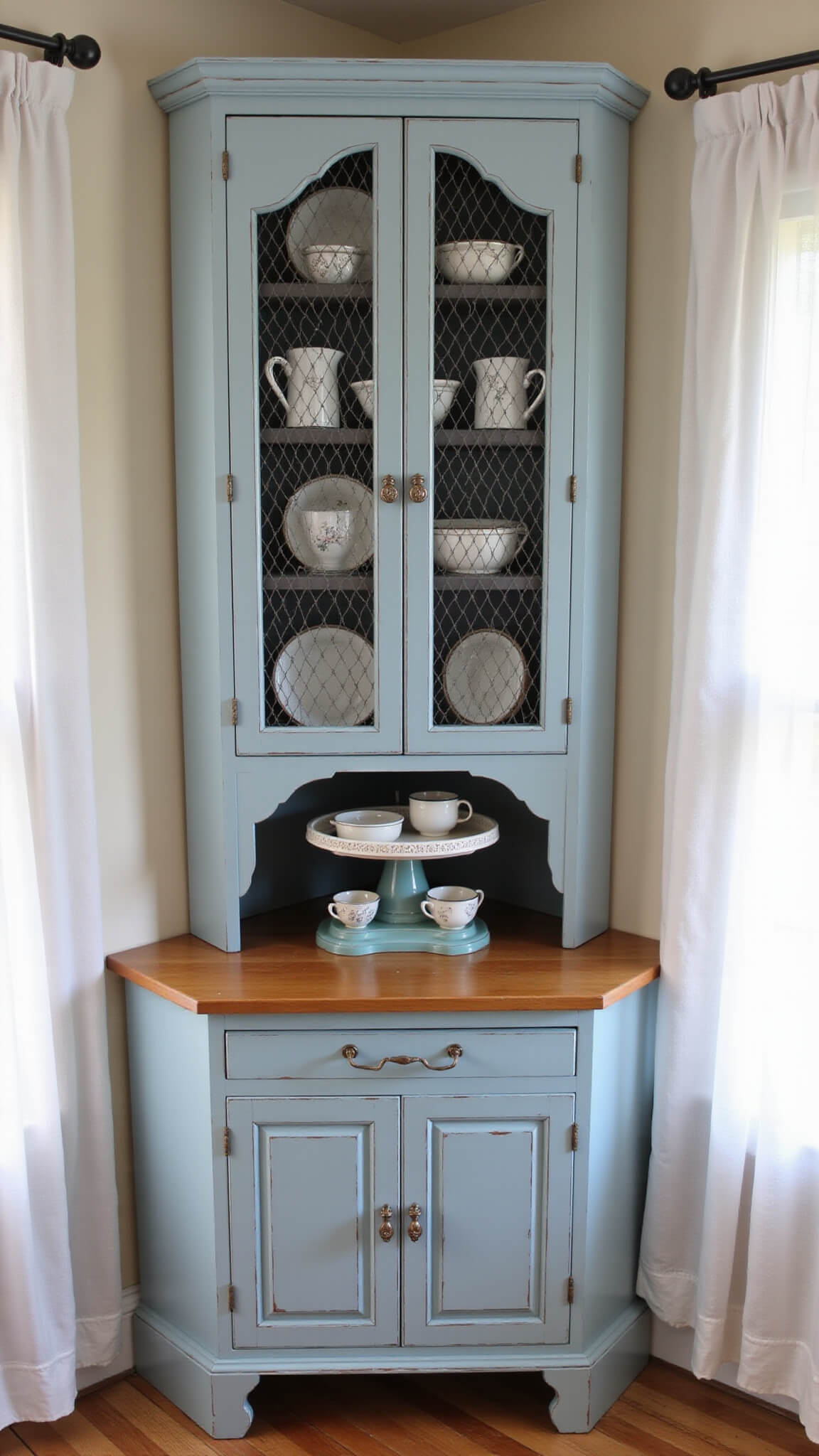 Cozy 10x10ft breakfast nook with distressed robin's egg blue built-in hutch, crystal knobs, wire mesh doors showing white dishware, vintage scale and enamelware on wooden counter, bathed in soft afternoon light through sheer curtains.