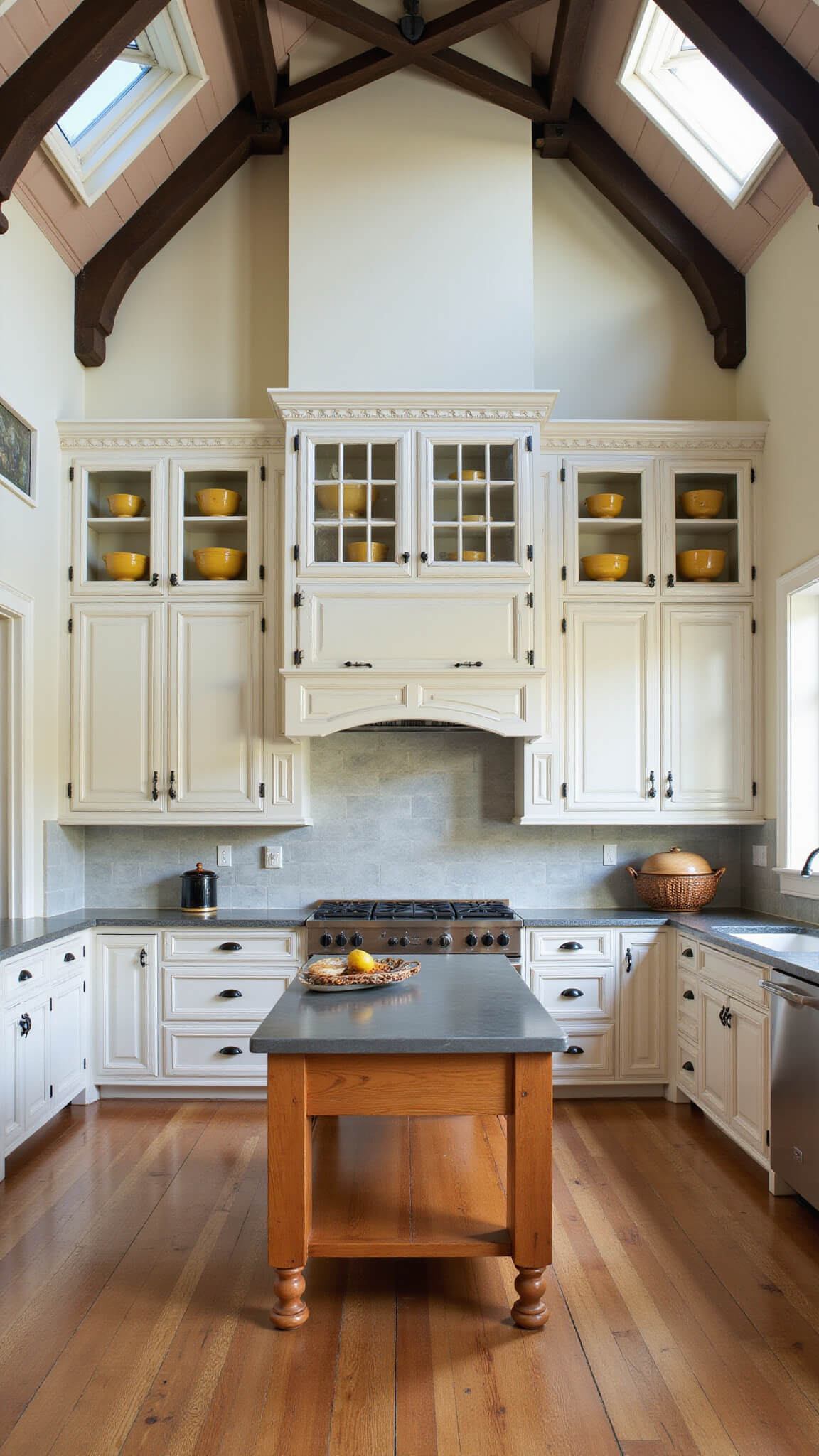 Cathedral ceiling kitchen with exposed beams, antiqued white floor-to-ceiling cabinets displaying yellowware bowls, natural pine island with zinc top, and dramatic natural light from clerestory windows.