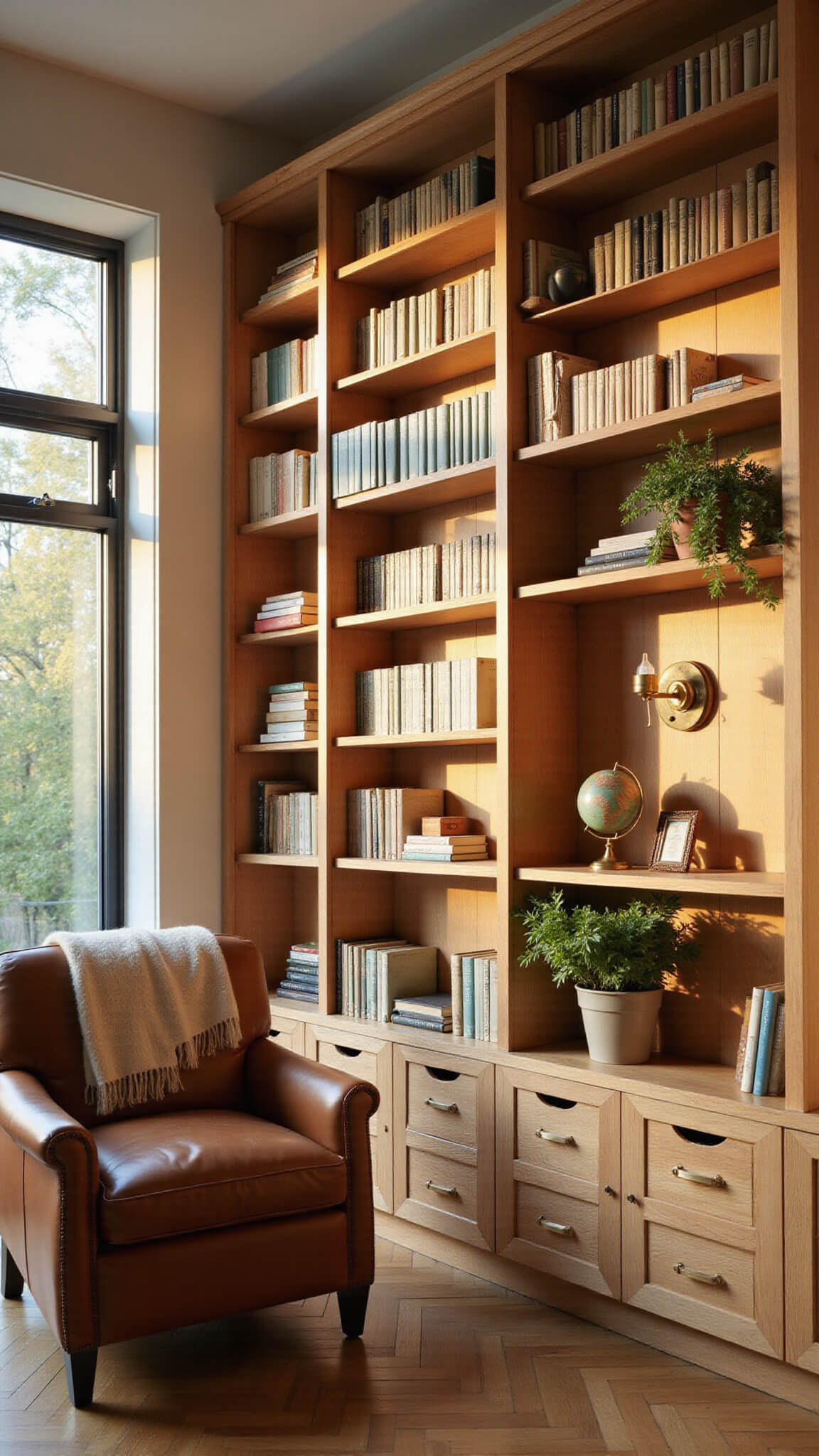 Warm, golden-hour-lit library with white oak floor-to-ceiling shelves, vintage leather armchair, and brass-accented decor.
