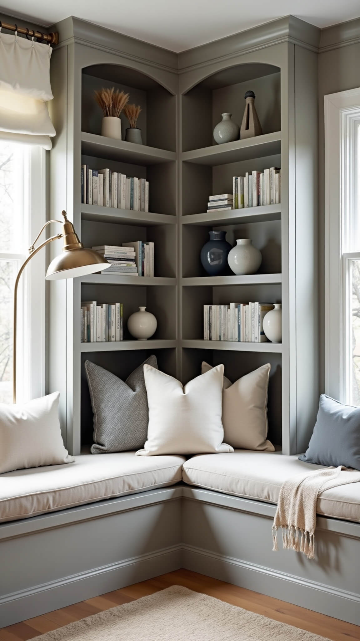 Cozy morning reading nook with dove gray built-in shelves, cushioned window seat, color-organized books, pampas grass vases, and soft filtered light.