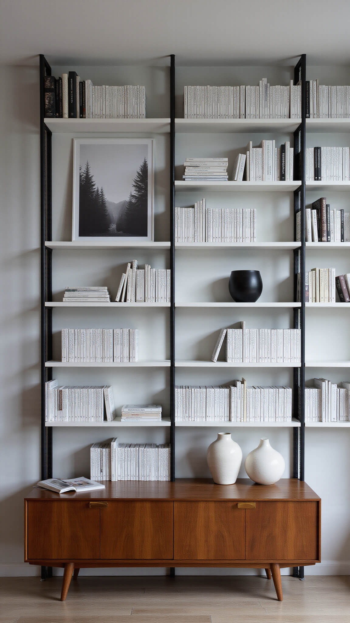 Minimalist Scandinavian library wall with white shelves, monochrome books, centered black-and-white photo, walnut credenza, and ceramic vessels, lit ambiently at dusk.