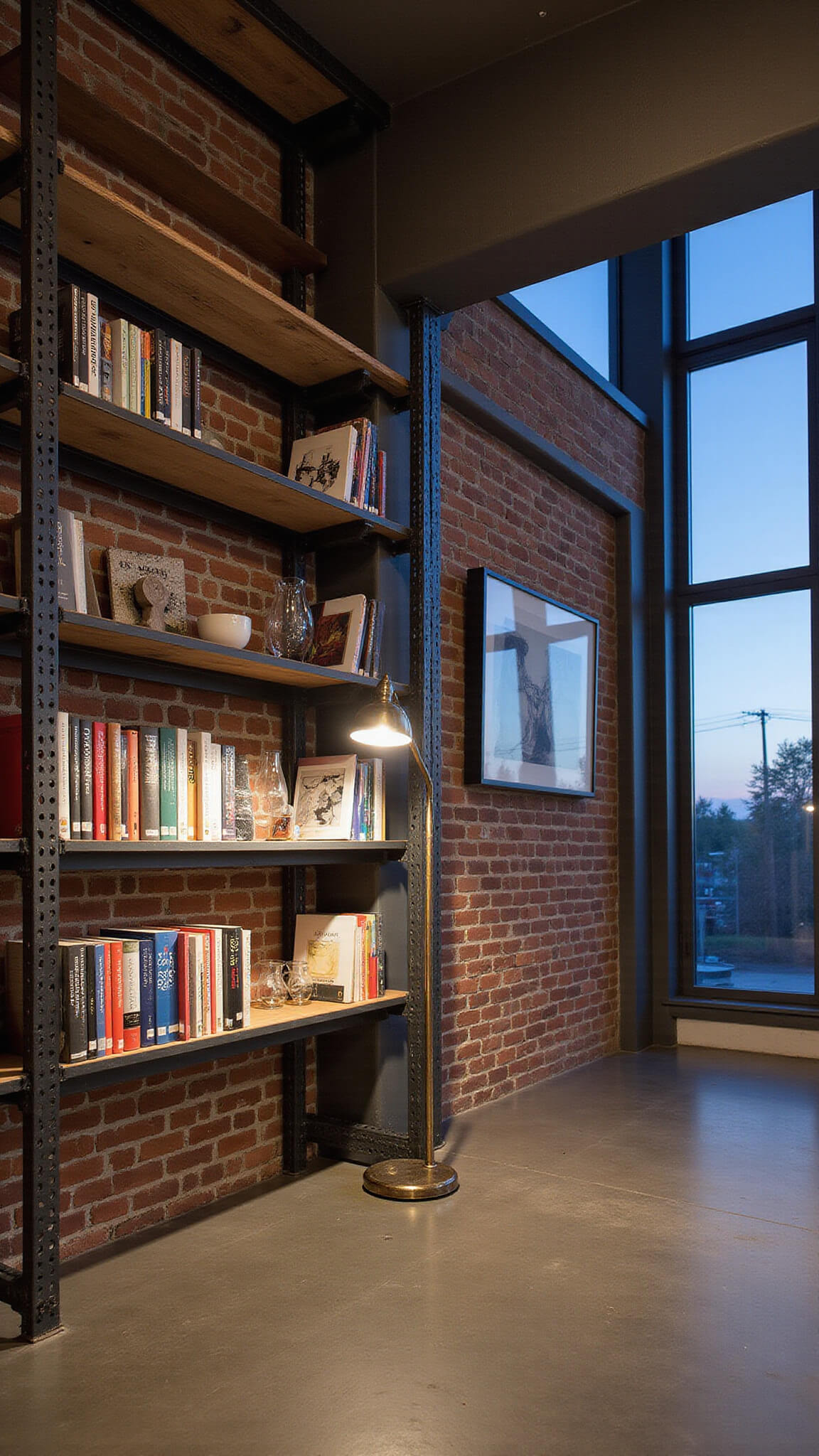 Modern industrial library corner with tall matte black shelves, art books in color blocks, vintage floor lamp, concrete floor, exposed brick, and minimalist glass vases.